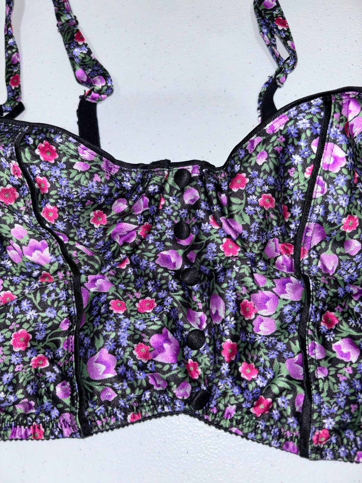 Vtg 80’s Delicates Shiny Floral Print Balconette Bustier Longline Bra SZ 32B