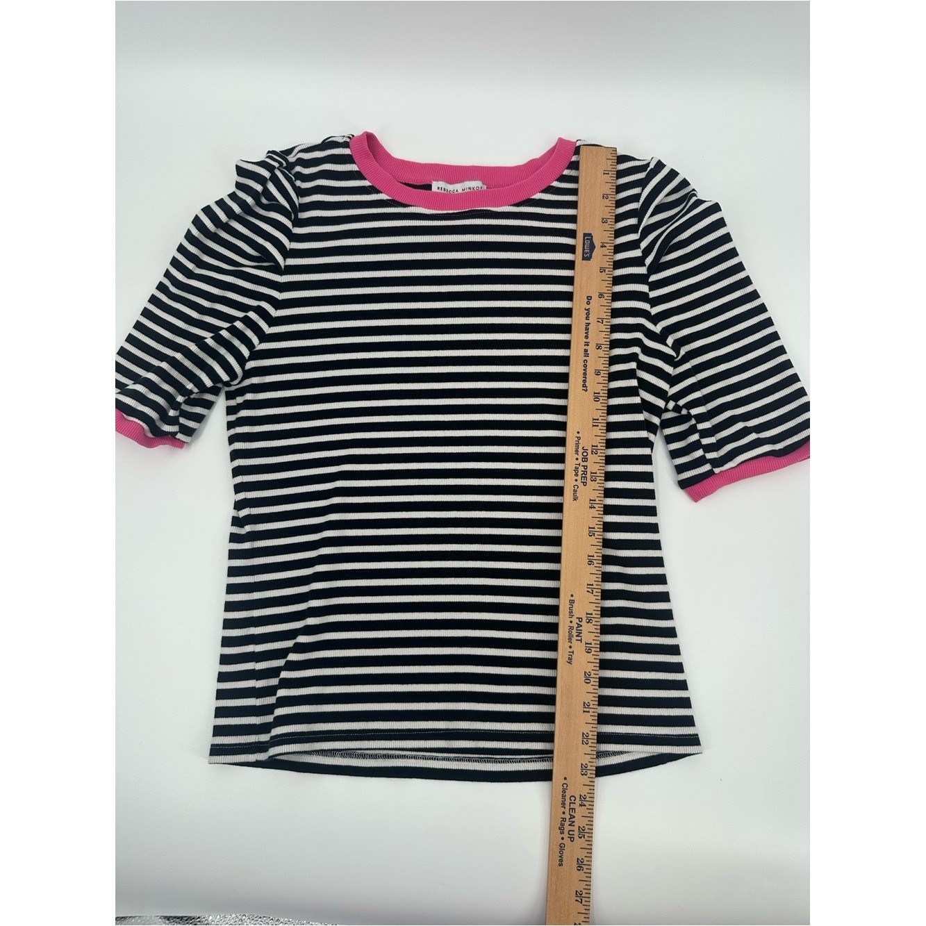 Rebecca Minkoff Ribbed Striped Puff Sleeve Top Large Black White Pink Cotton Str