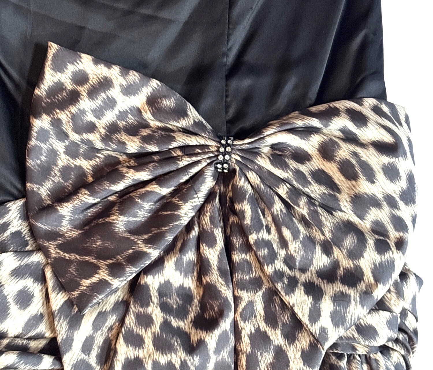 Vintage 80s San Martin Evening Gown: Strapless Black Satin Leopard Taffeta Dress