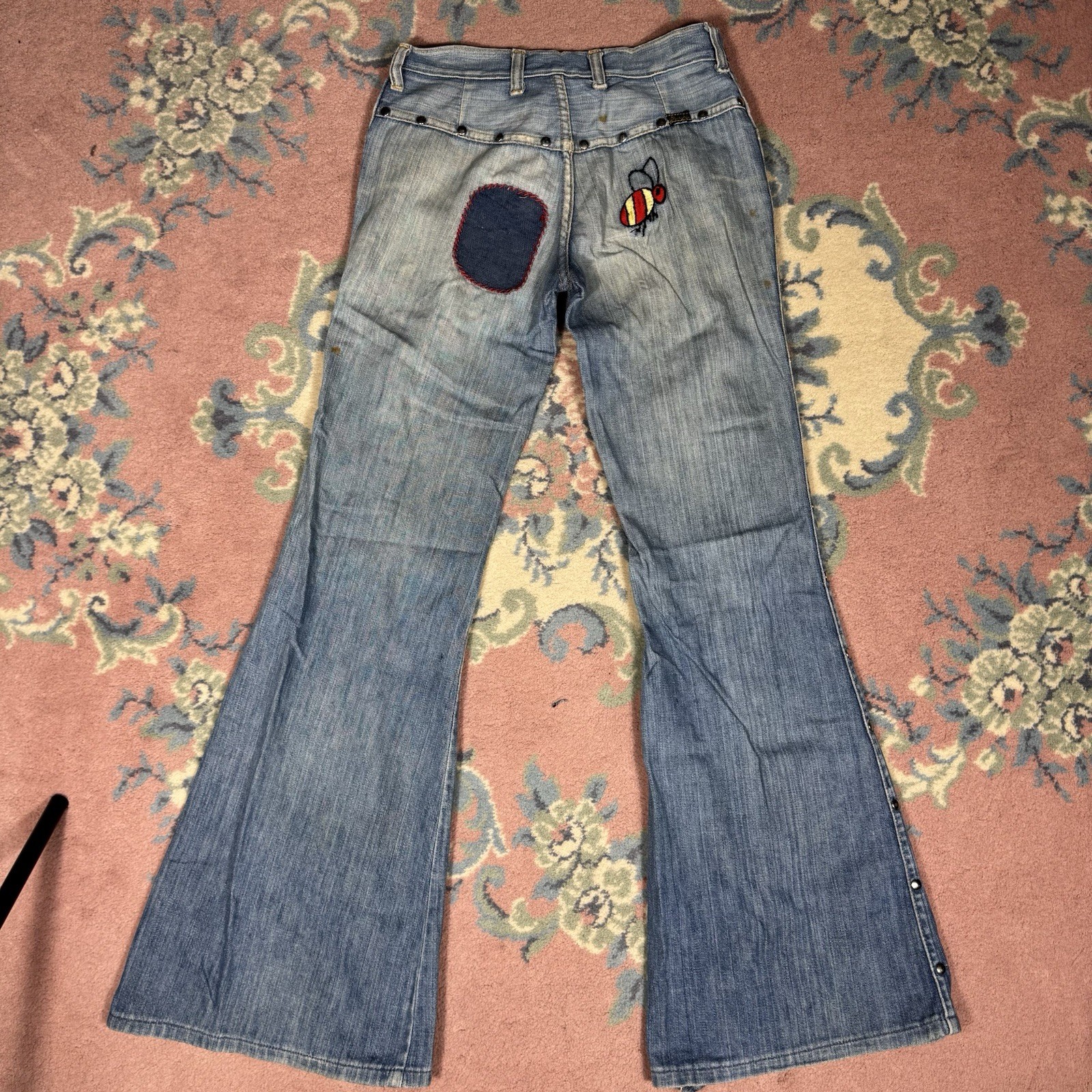 True Vintage 60s 70s Wrangler Bell Bottoms Ladybug Patched Denim Jeans 27×30