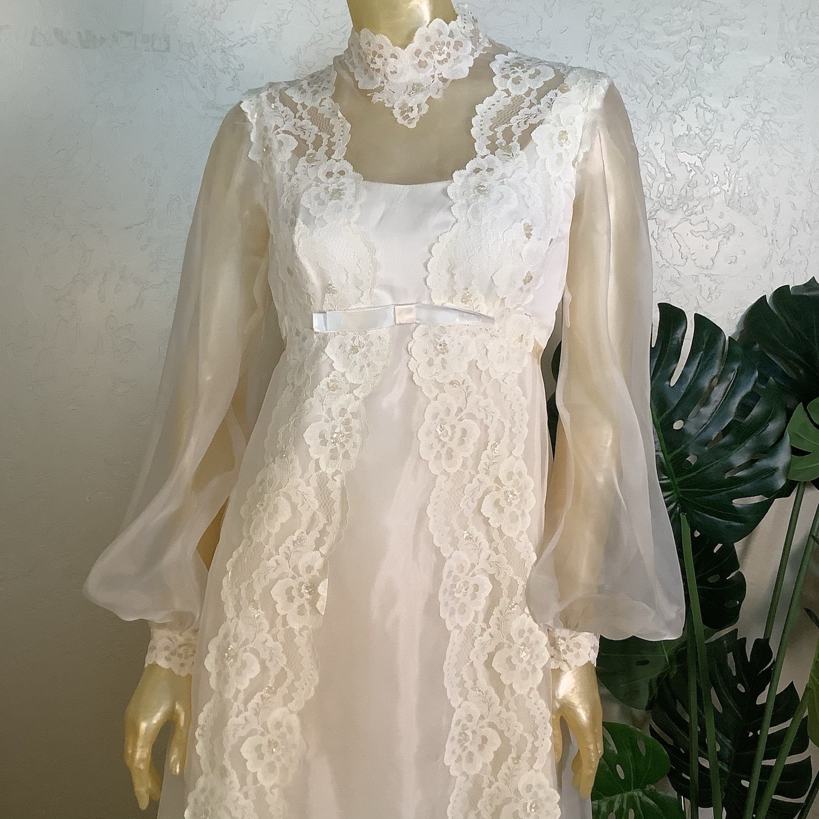 1970s Bridal Originals Regency Inspired Empire Waist Lace Wedding Dress & Train