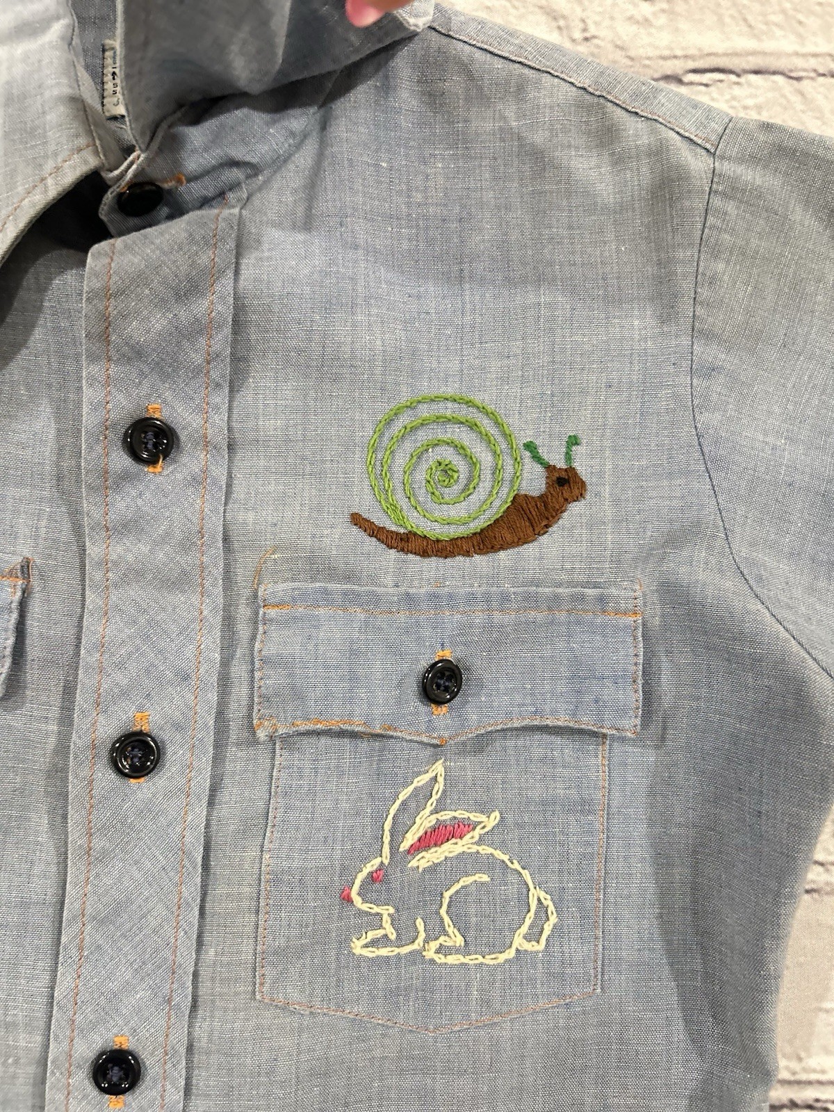 Vtg JCPenney Big Mac Chambray Palm Tree Beach Lady Bug Embroidered Work Shirt