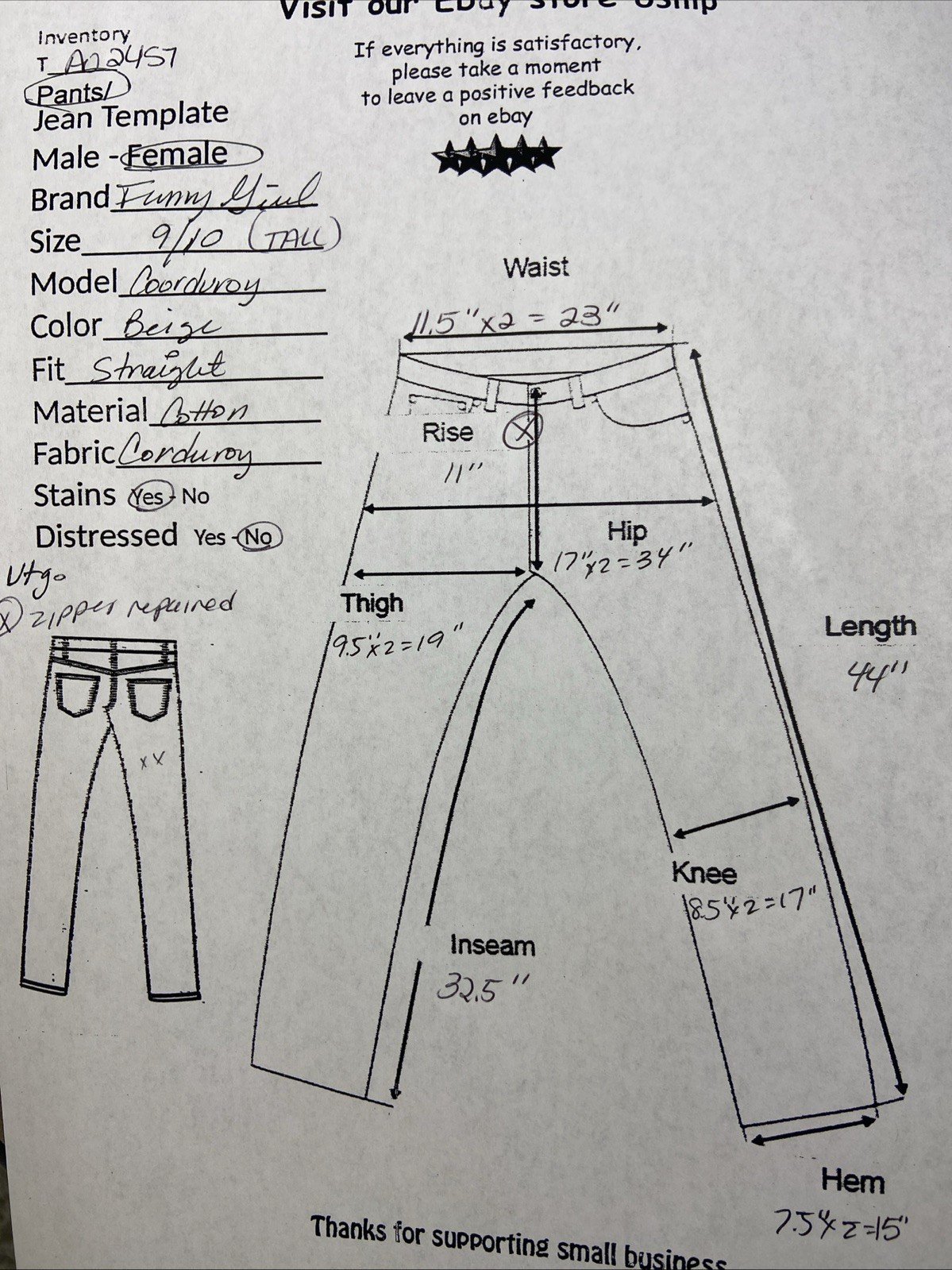 Vintage Funny Girl 70’s Women’s Corduroy Beige Pants Size 9/10 Tall 23″x32.5″