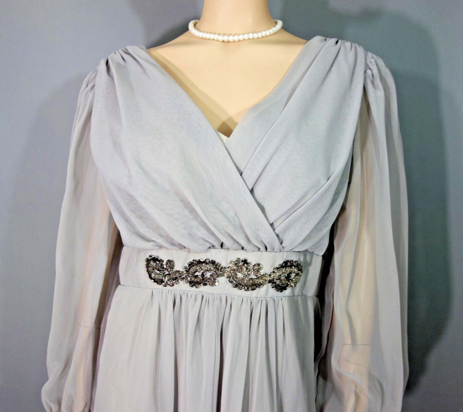 Vintage c1980’s~Handmade~Soft Pleated Chiffon Formal Evening Gray Gown Lined XL