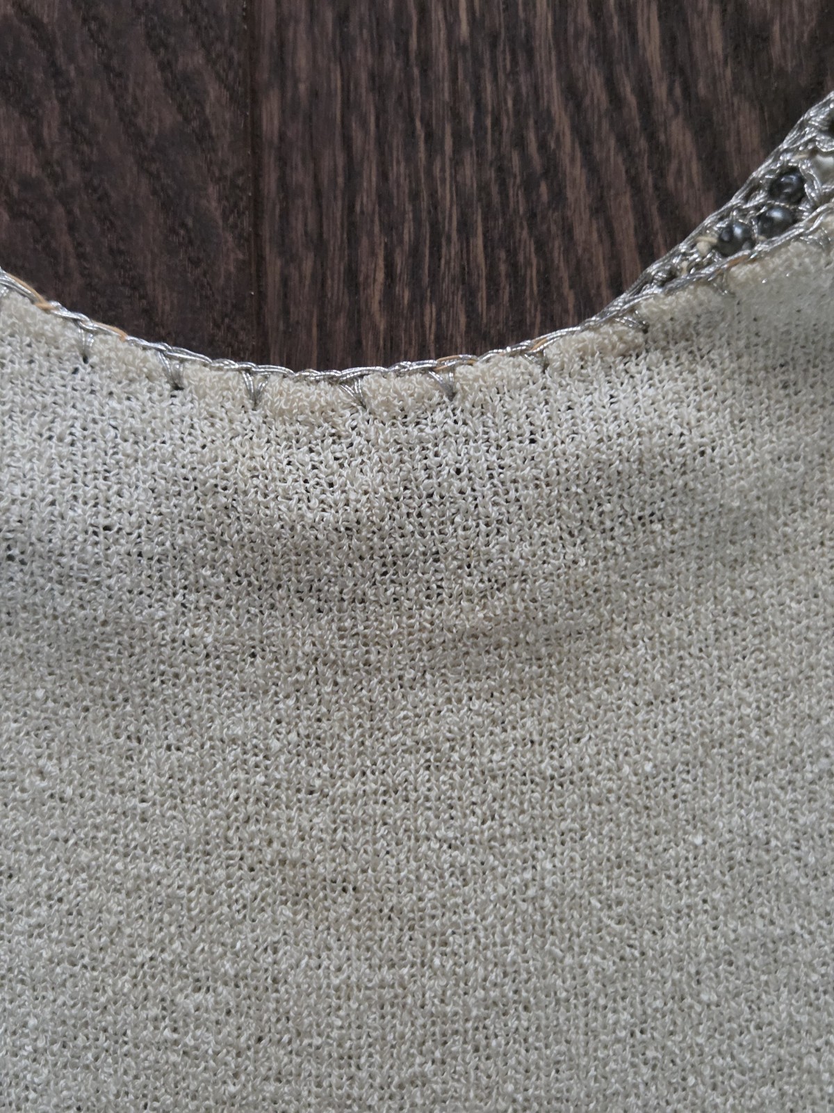 Boepple Creations Silk Knit Top Real Pearl Beaded Neckline Ivory Short Sleeve