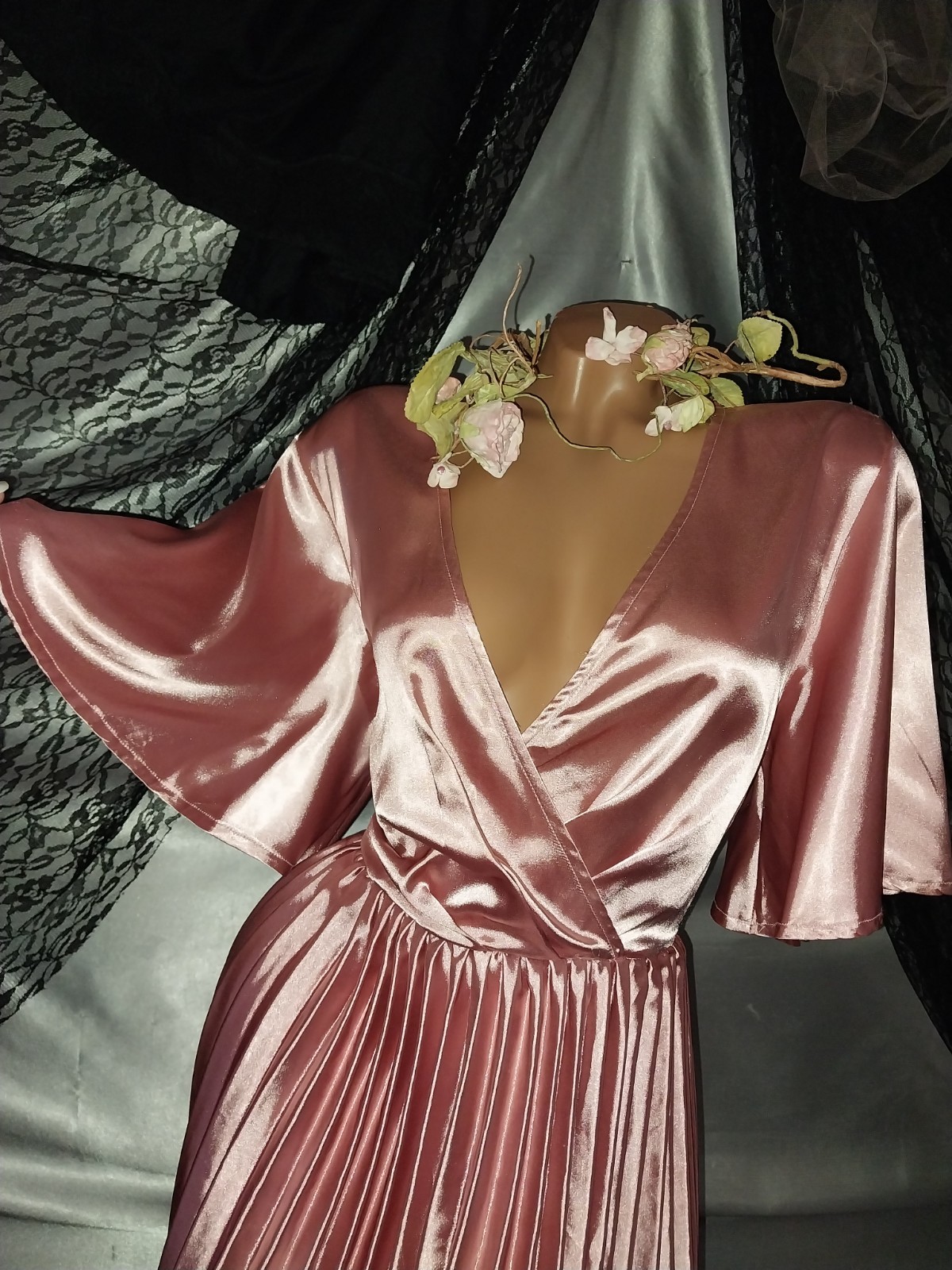 VTG SATIN LIQUID SHINY PINK CRYSTAL PLEAT MIDI GLAM DRESS L/XL PLUNGE HOLLYWOOD