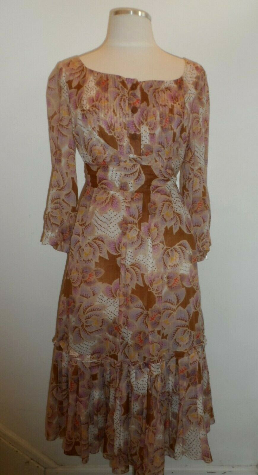 Vintage Diane Von Furstenberg Floral Cotton Silk Maxi Dress 10 Brown & Lavender