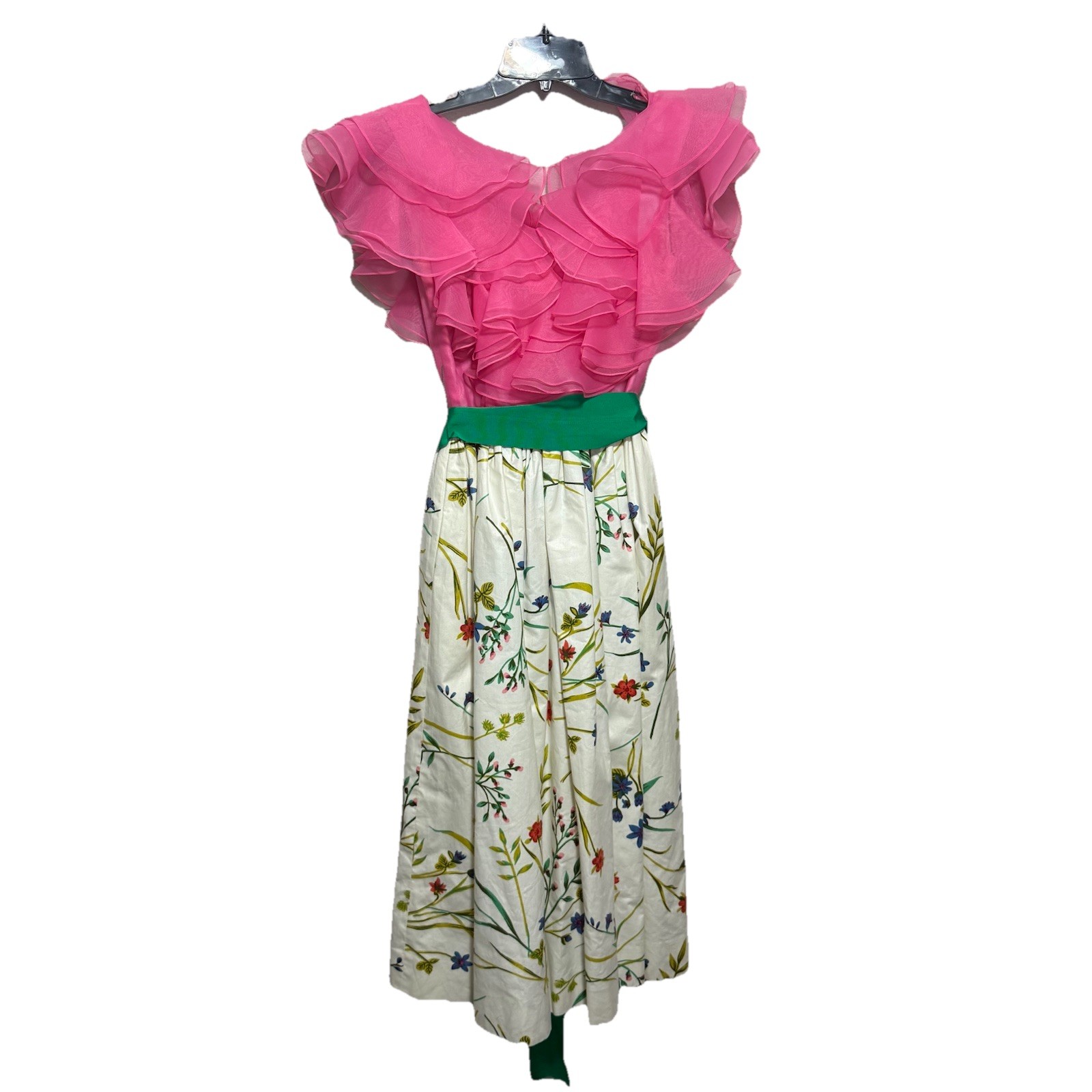 Vintage 70s William Pearson Dress Pink Green Floral Organza Ruffle Gown Sz XS/4