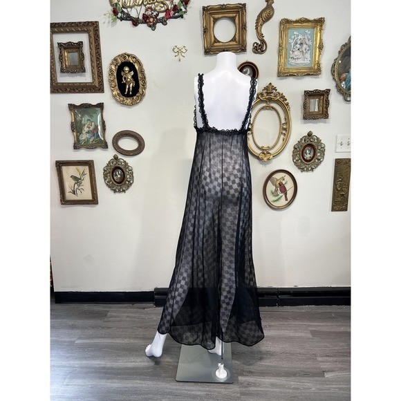 Vintage Glydons Hollywood Black lingerie Mesh Lace Maxi Nightgown Large USA