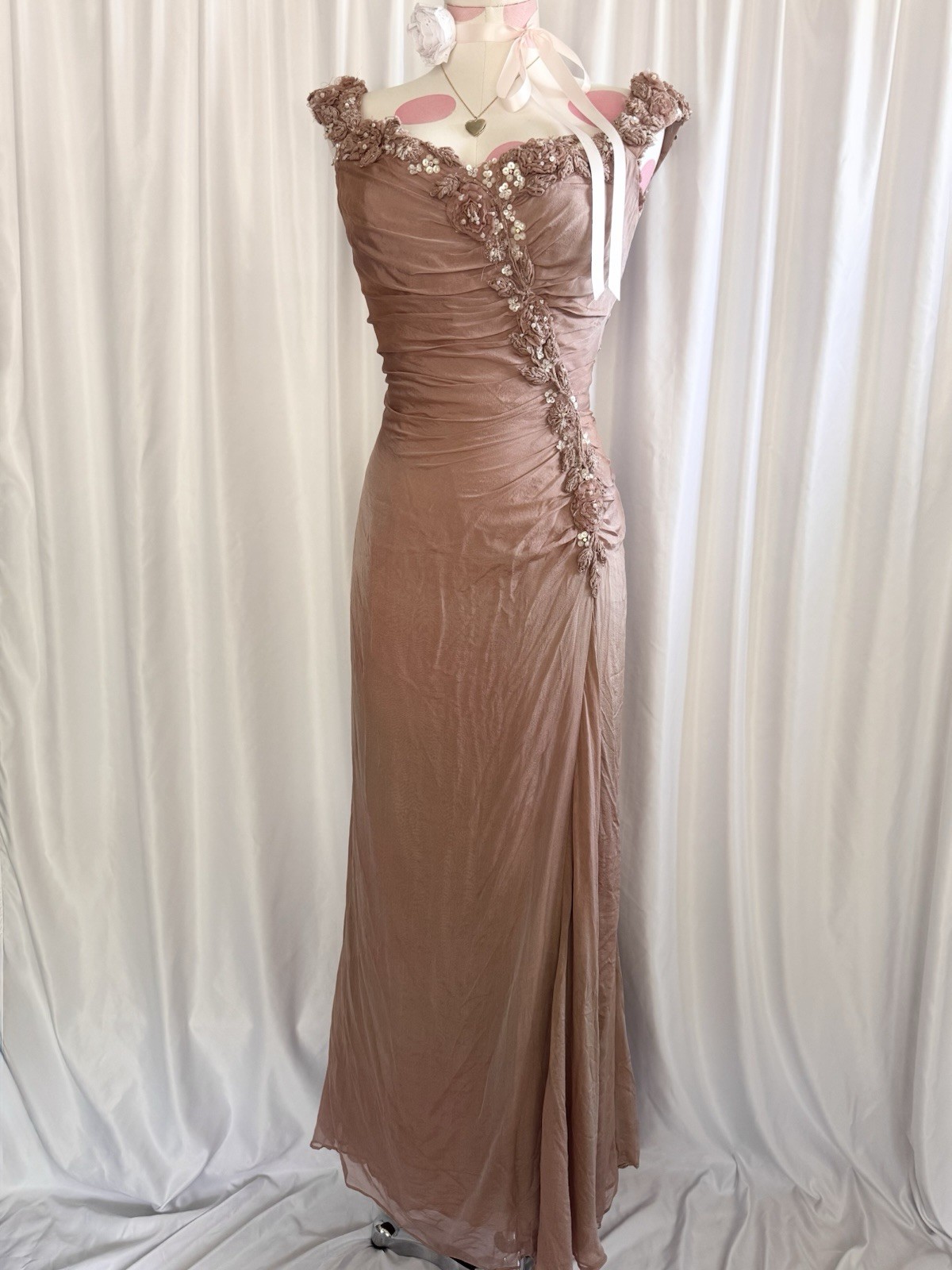 Vintage Y2K Mauve Pink Silk Beaded Sequin Ruffle Fairy Formal Gown Dress Size 10