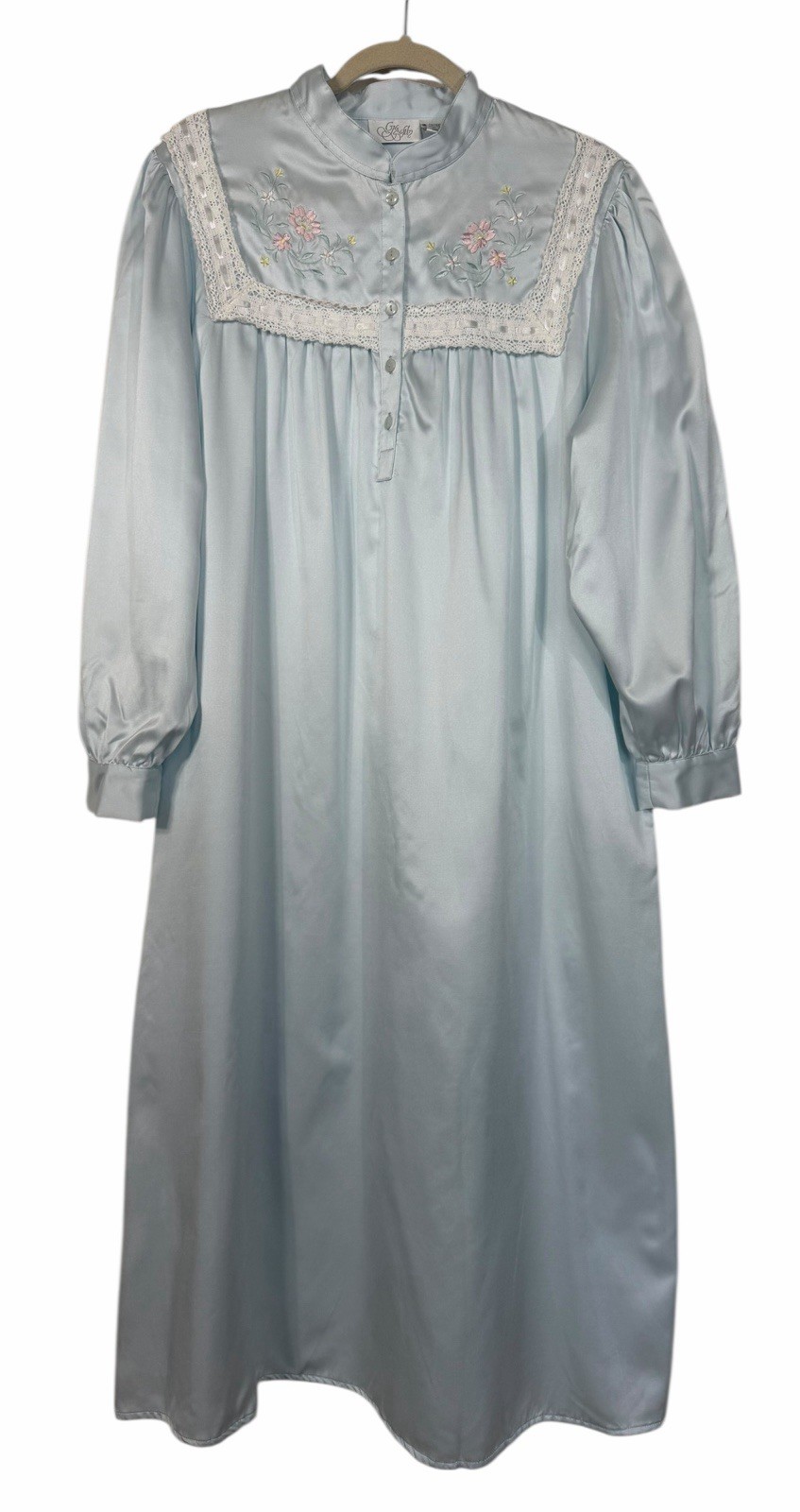Vintage Go Softly Blue Satin Nightgown House Dress Embroidered Floral Sz Medium