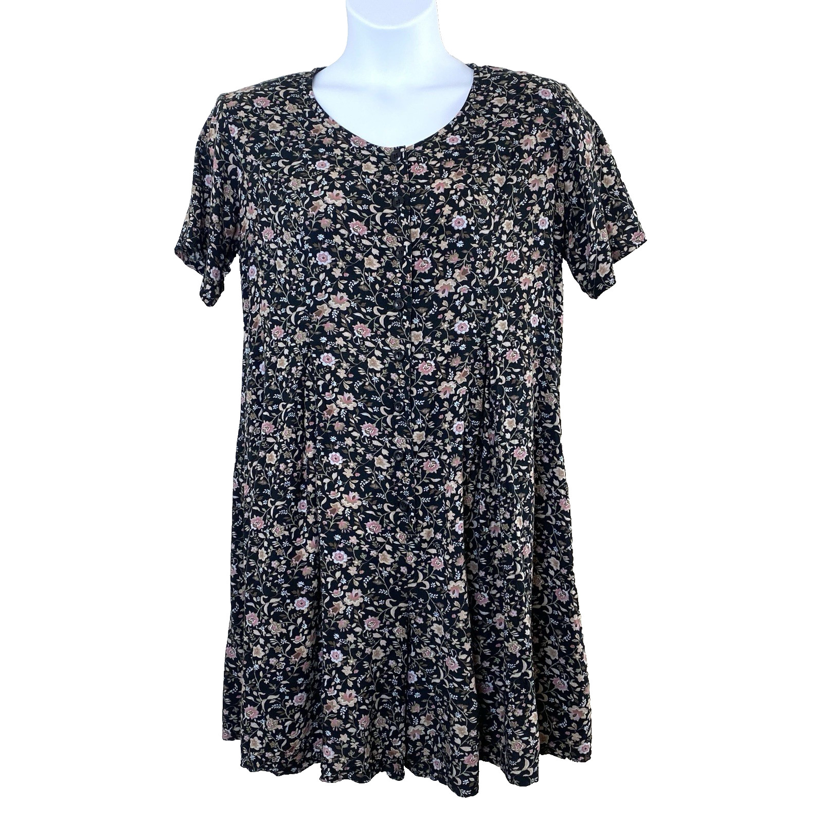 Vintage Honors Maternity Floral Short Sleeve Romper Medium Rayon Black Tan Pink