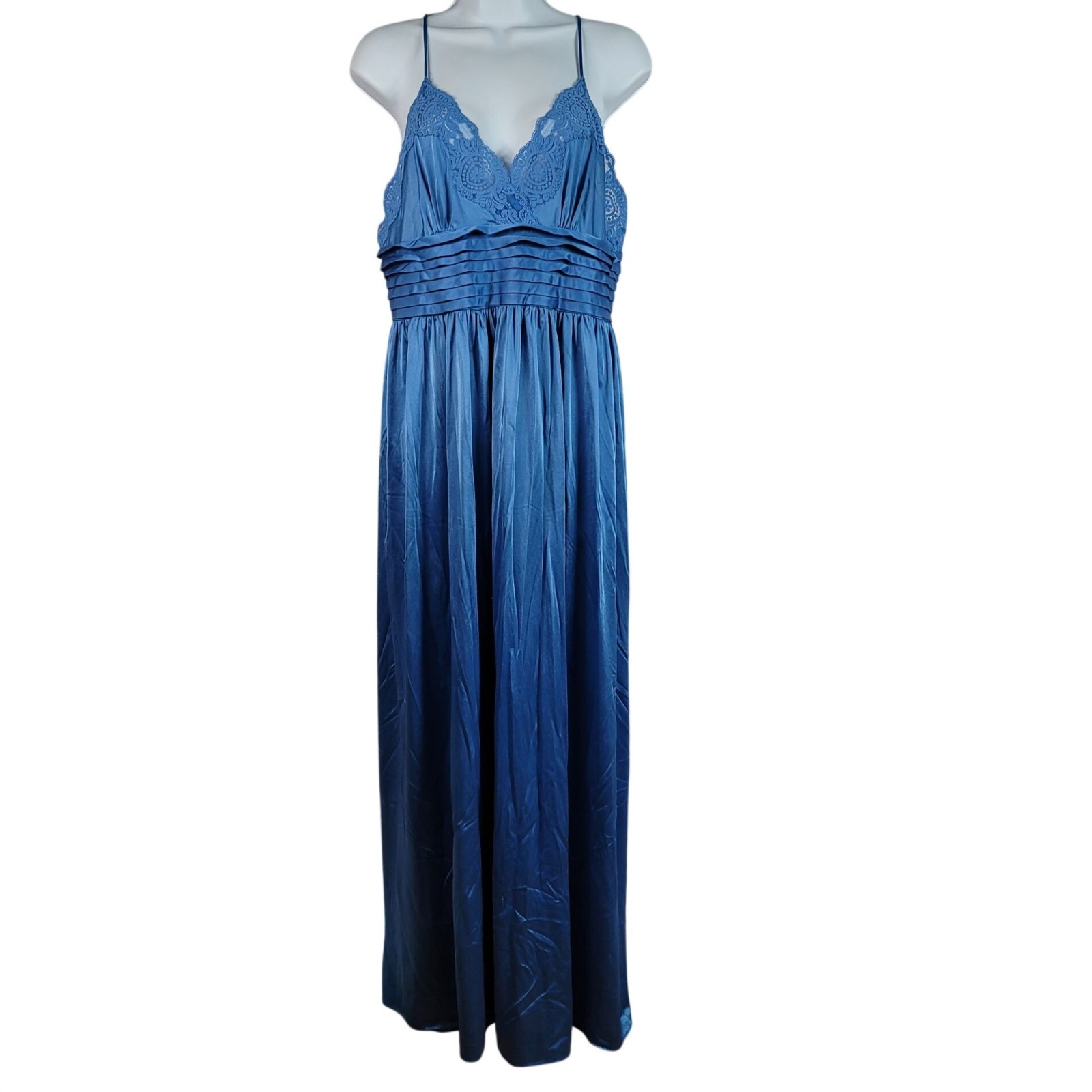 Lily of France Rosa Puleo-Szule Nightgown Blue Large Lace Pleat Satin USA VTG