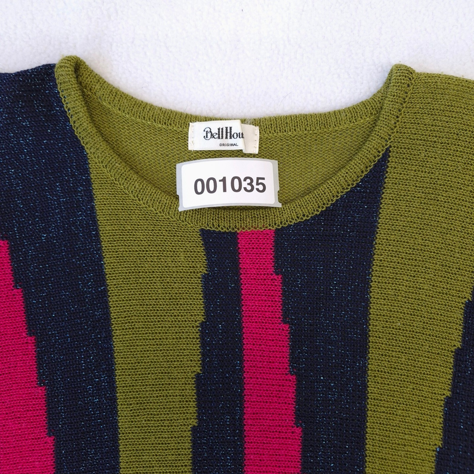 Bell House Sweater Top Green Pink Navy Sz M Vintage 80s Geometric Metallic Knit