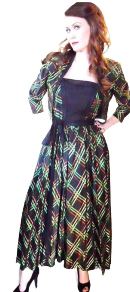 True Vintage Pat Premo 1940s Plaid Taffeta Dress and Jacket Set