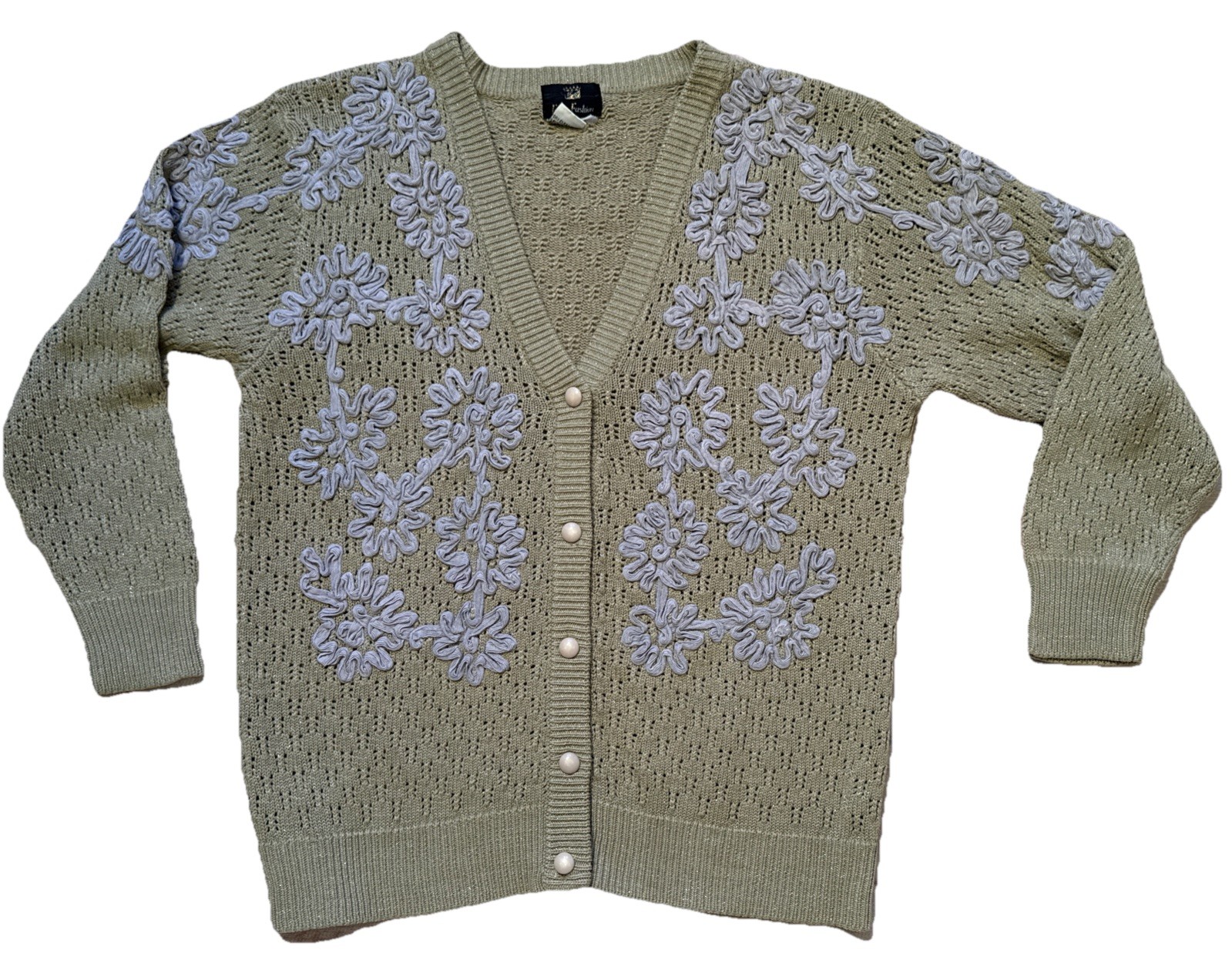 Vintage Fully Fashion Crochet Knit Appliqué Metallic Cardigan Wool Blend S-M