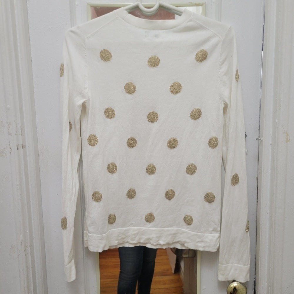 J. Crew White Sweater with Gold Polka Dots EUC Boho