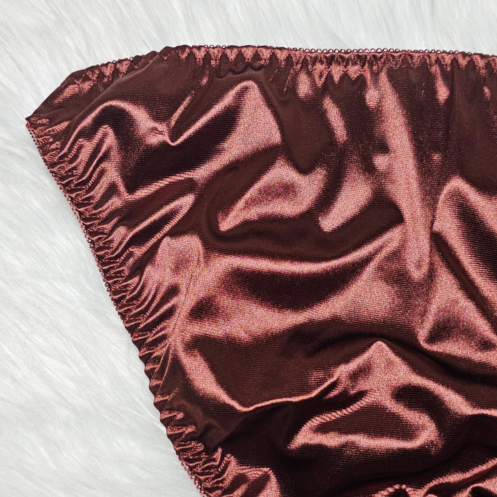 Vintage Glossy Satin Panty Sissy Brown String Bikini Brief Size 8-9 Hip 42-46″