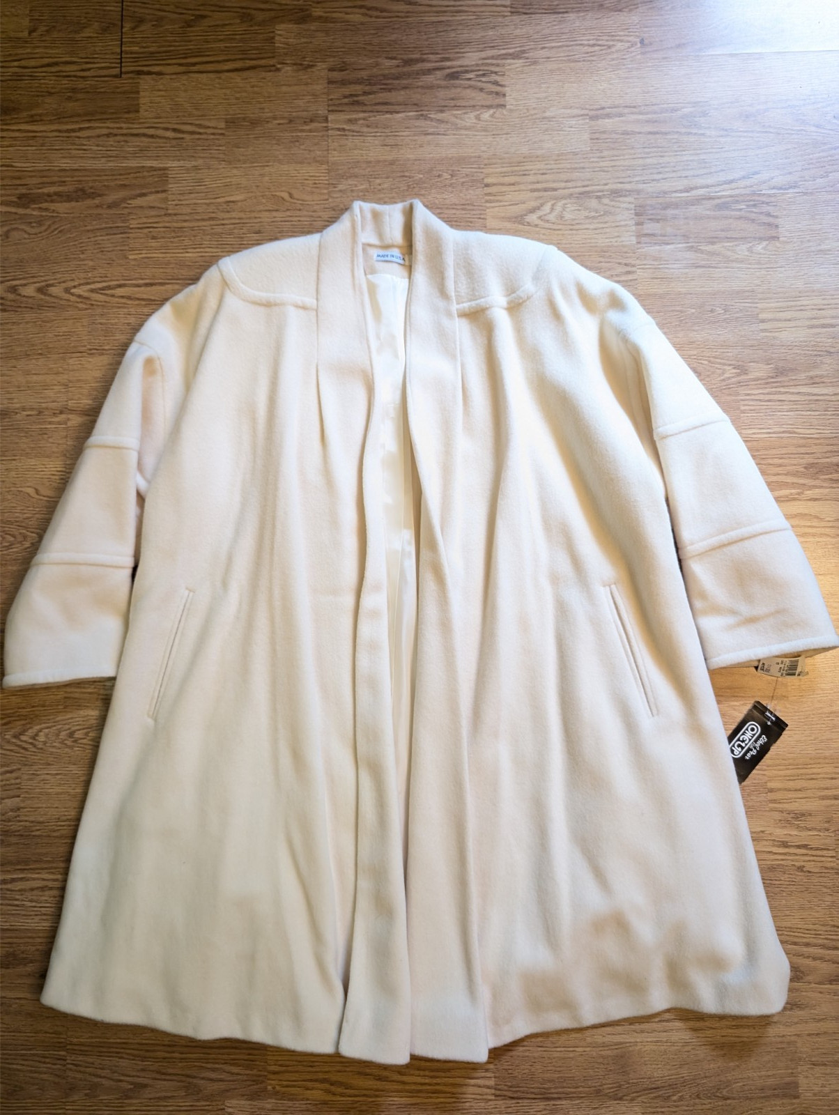 VTG NWT Ethel Pear for OneUp Ivory Classic Coat Open Front 100% Wool W/ Pockets