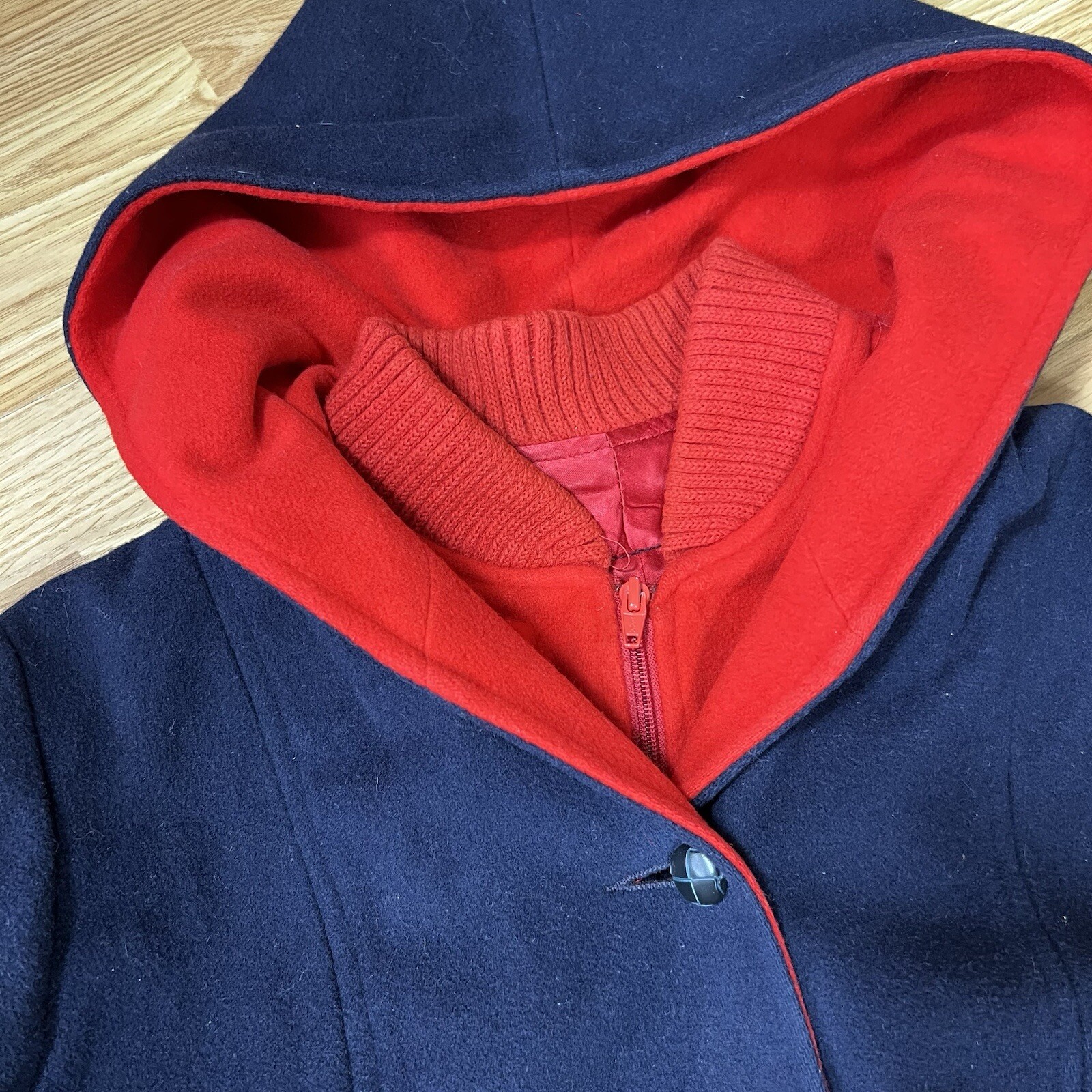 VTG Mackintosh 100% Wool Coat Women Lg Lined Hooded Vest and Coat Navy Red READ