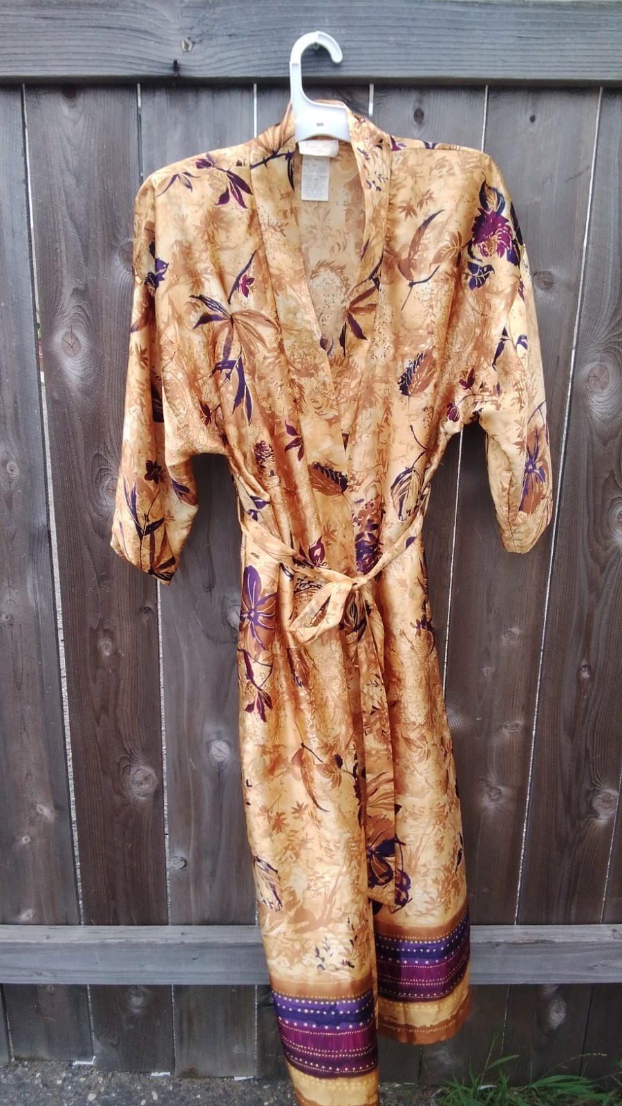 Vintage Womens Robe Silky Belted 80s Gold Purple Print Shoukder Pads Small