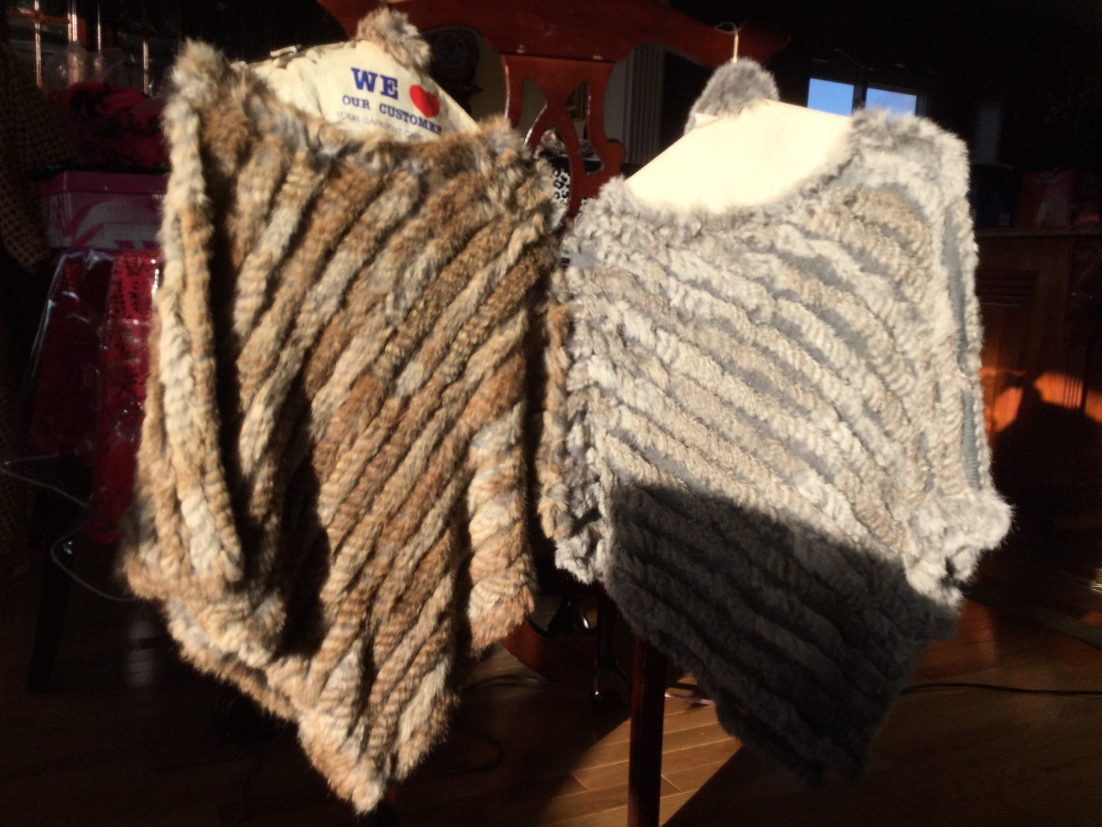 Rabbit FUR PONCHO Shawl Pullover HIPPIE BOHO COWGIRL, Tan or Grey