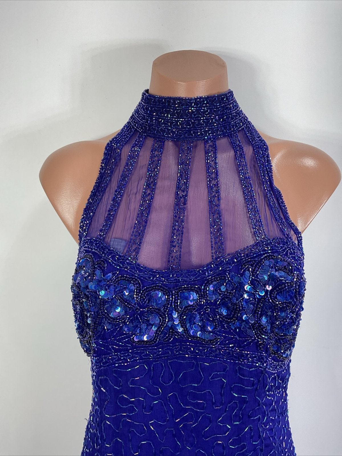 Vtg 90s y2k Papell Boutique Evening Dress 4 Silk Beaded Maxi Gown Fairy Prom