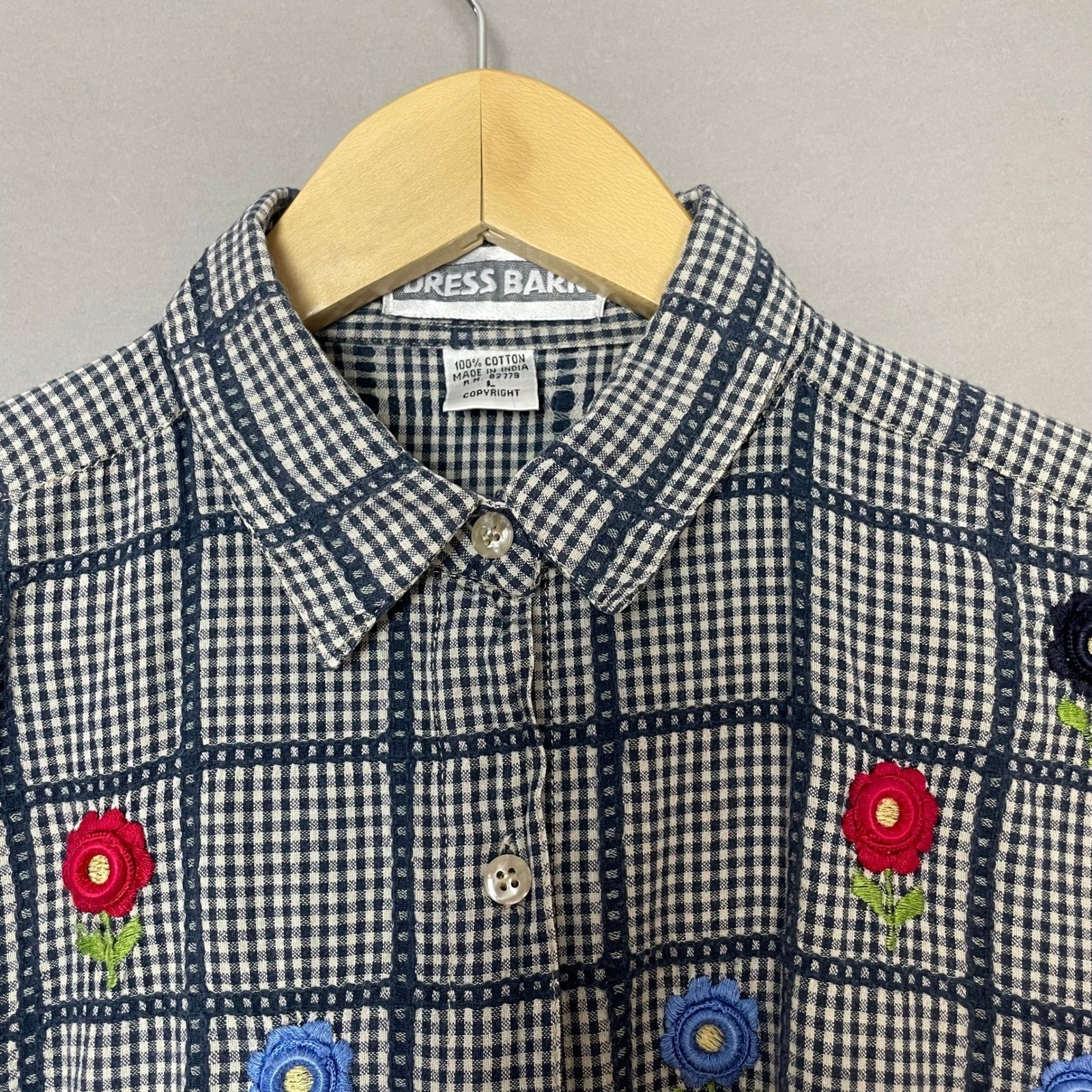 Vintage Gingham Shirt Floral Embroidery Women Size Large Cotton Country Twee Top