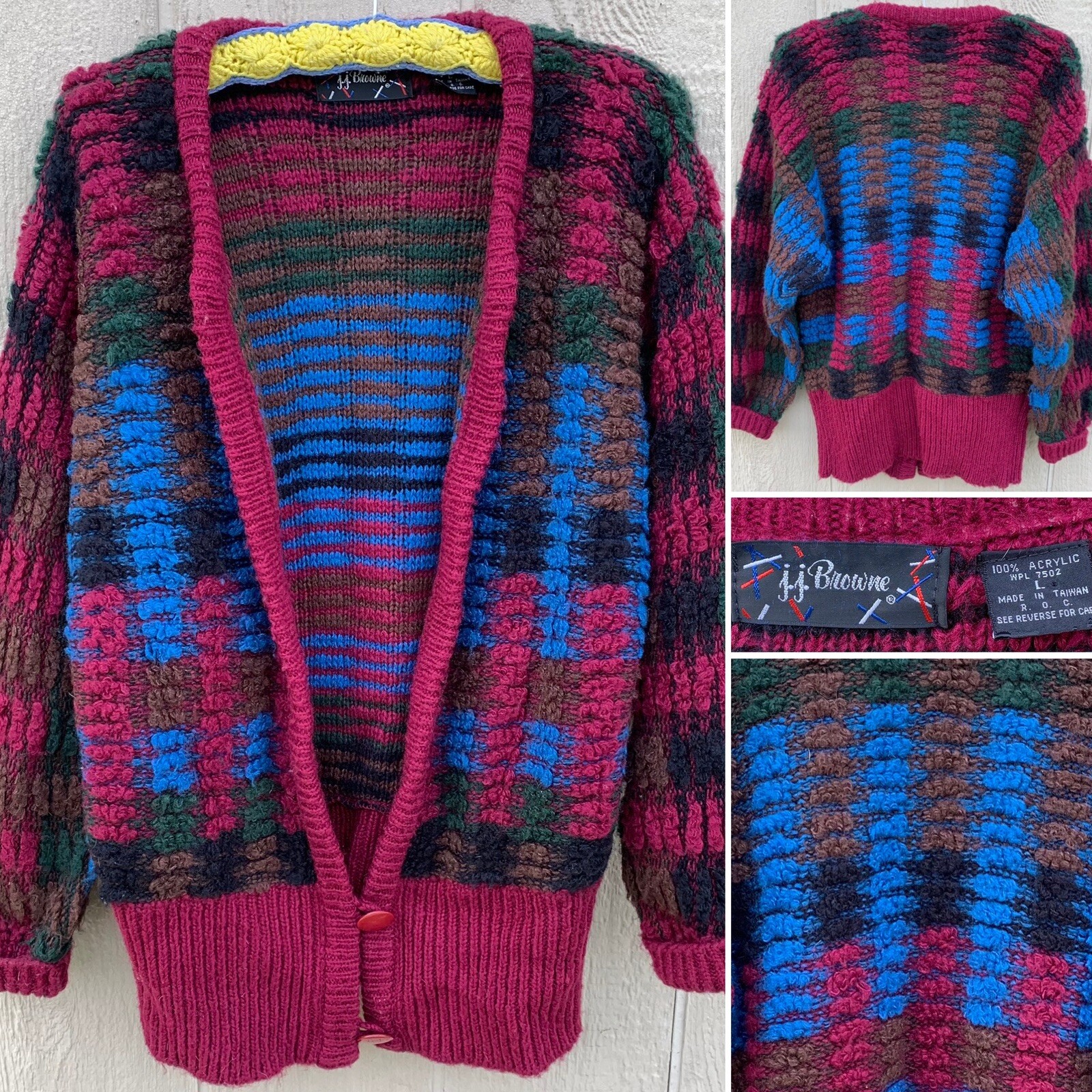 vintage JJ Brown cardigan sweater plaid acrylic oversizes 80s 90s L Taiwan ROC