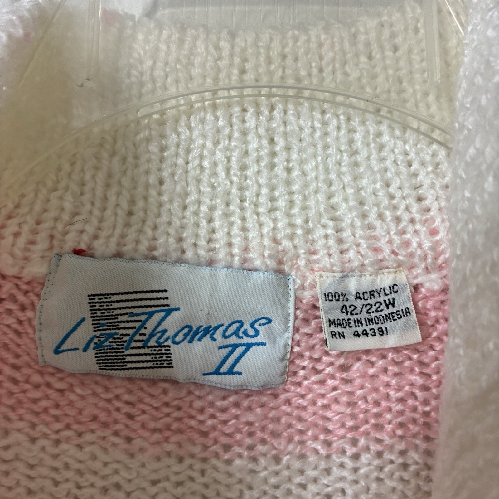 Liz Thomas Vintage Knit Sweater Sz 42/22W Pink White Chunky Stripes Collared
