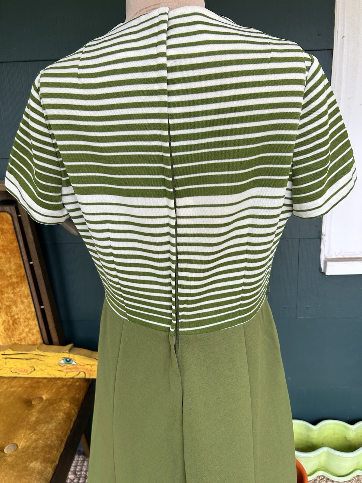 Vintage 60s Dress Avocado Green Striped Nardis Of Dallas Mod Preppy Mad Men