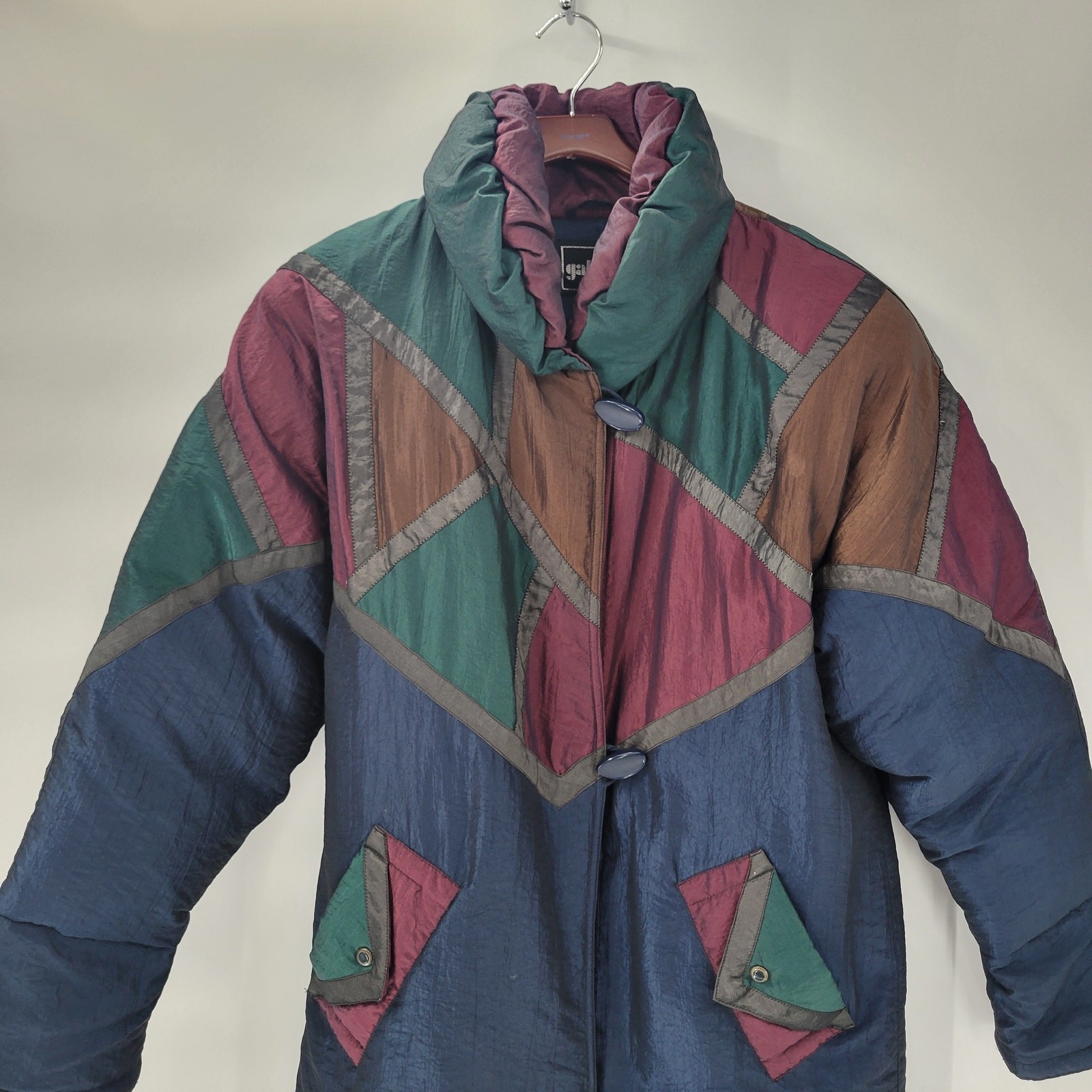 Vintage Down Fill Long Puffer Coat S Blue Red Geometric Colorblock High Collar