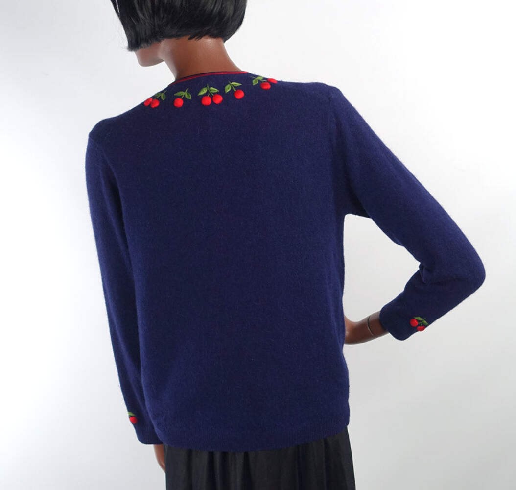 Women’s 50s Cherries Cardigan Sweater Vintage Dark Blue Small to Medium