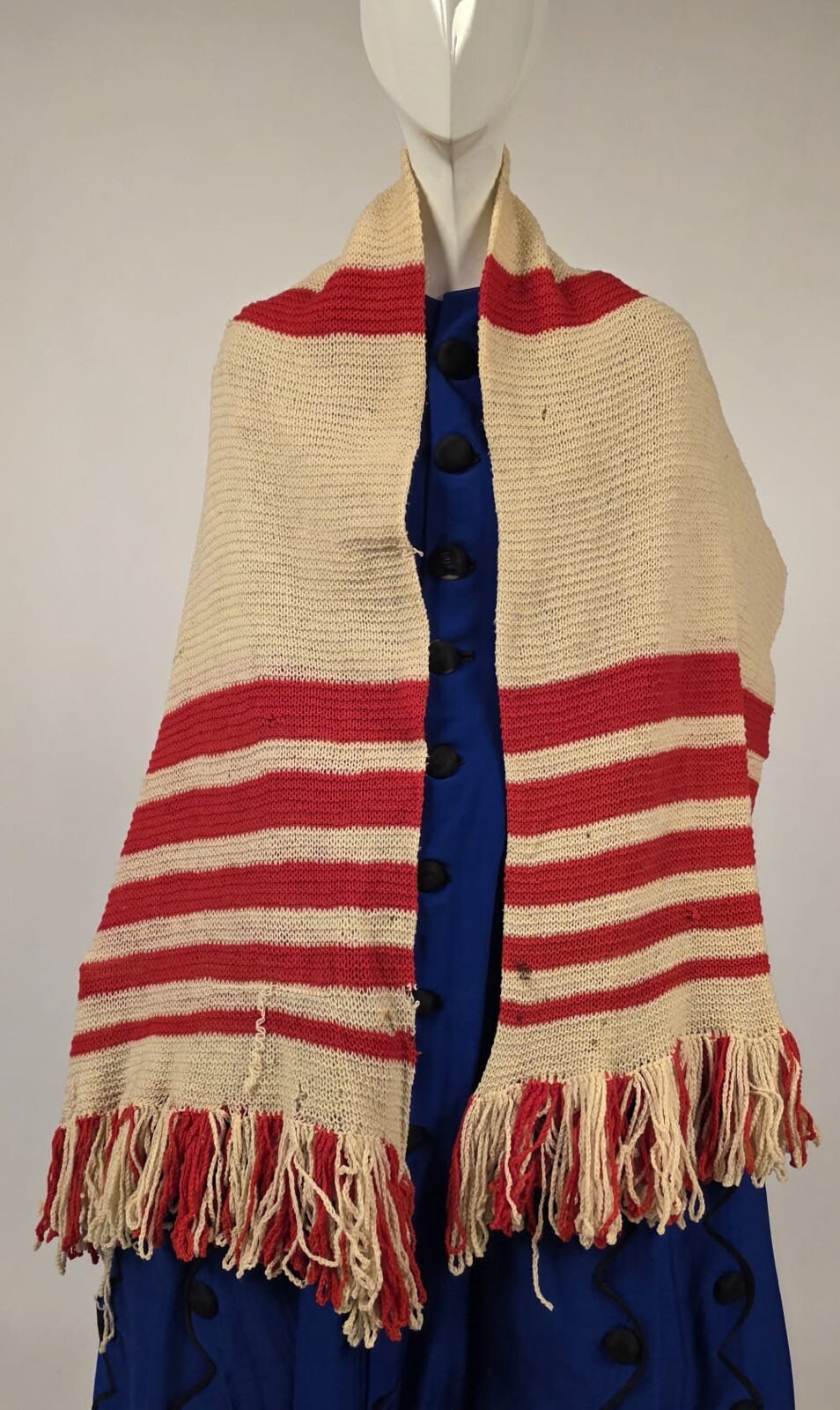 CIVIL WAR 1860’S RED + WHITE HAND KNIT WOOL SHAWL FOR DRESS W FRINGE EDGING