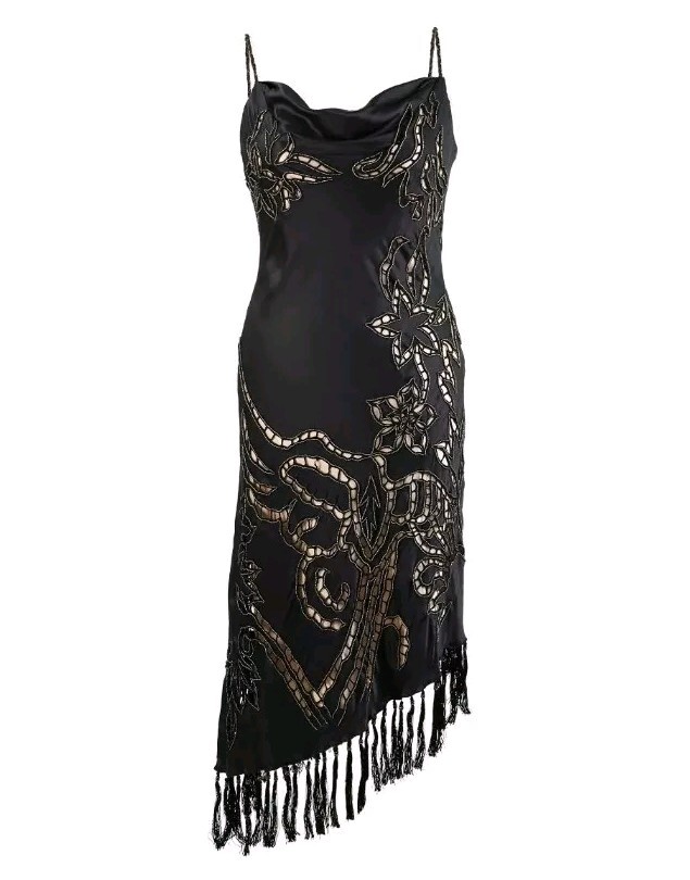Vtg 90s Cache Fairy Grunge Sz 12 Dress Beaded Sequin Tasseled Spagetti Strap