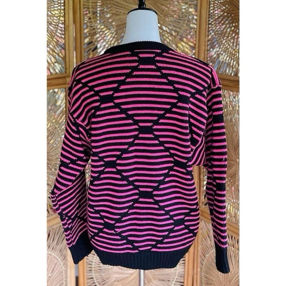 Mountain Lid Woolens Pink Black Retro Geometric Striped Crewneck Wool Sweater M