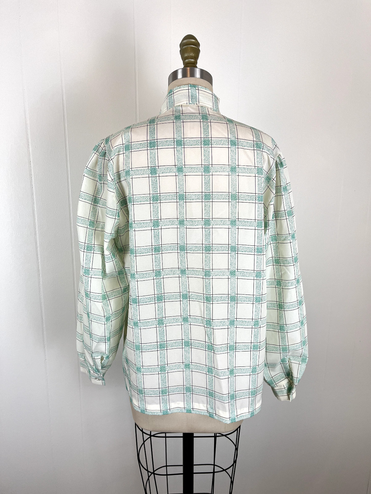 Vintage Pussy Bow Blouse Secretary Geek Medium Made in USA Windowpane Plaid