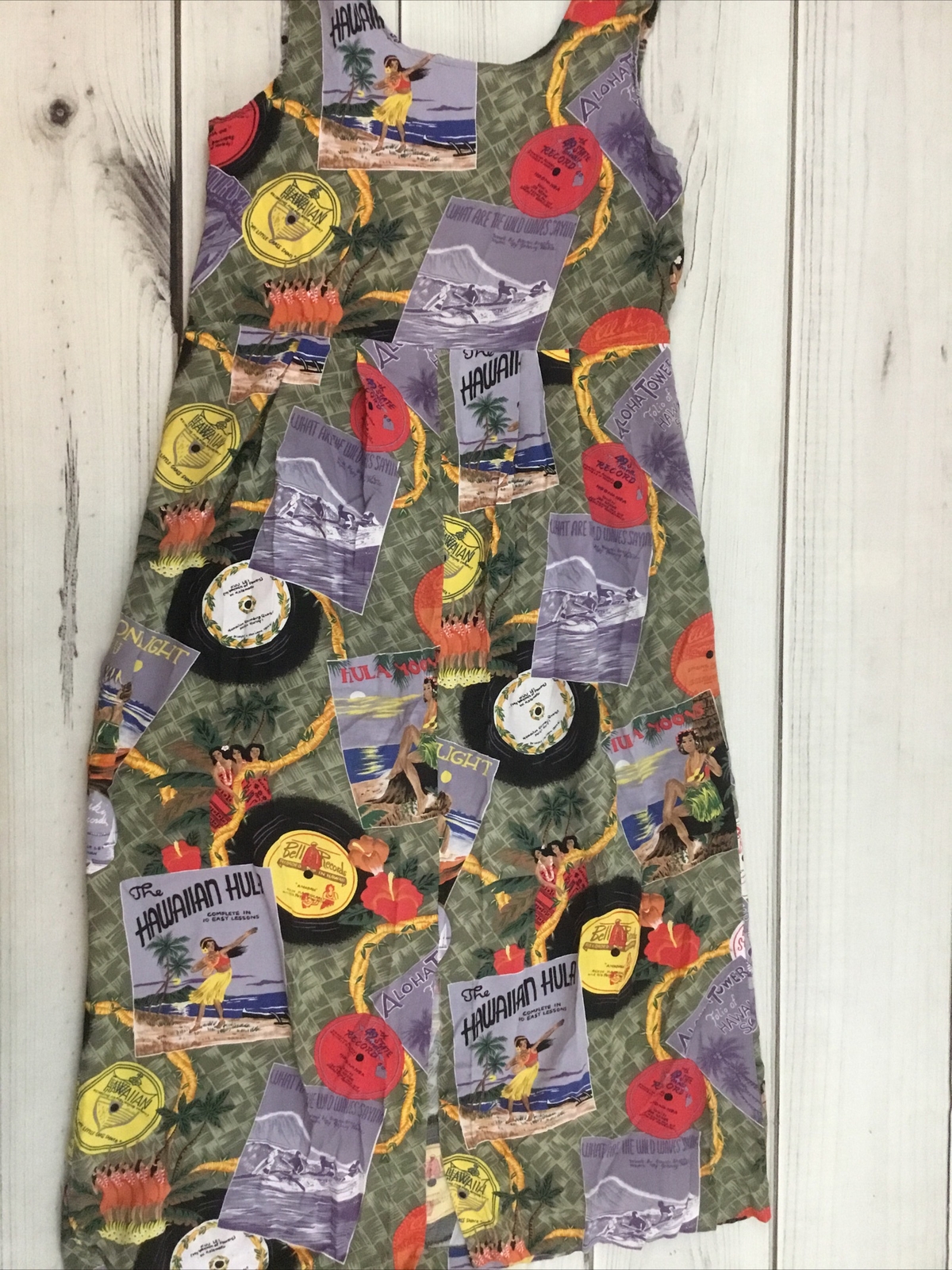 Vtg Reyn Spooner Women’s P Maxi Tank Dress Music Records Hula Dancers Hawaii