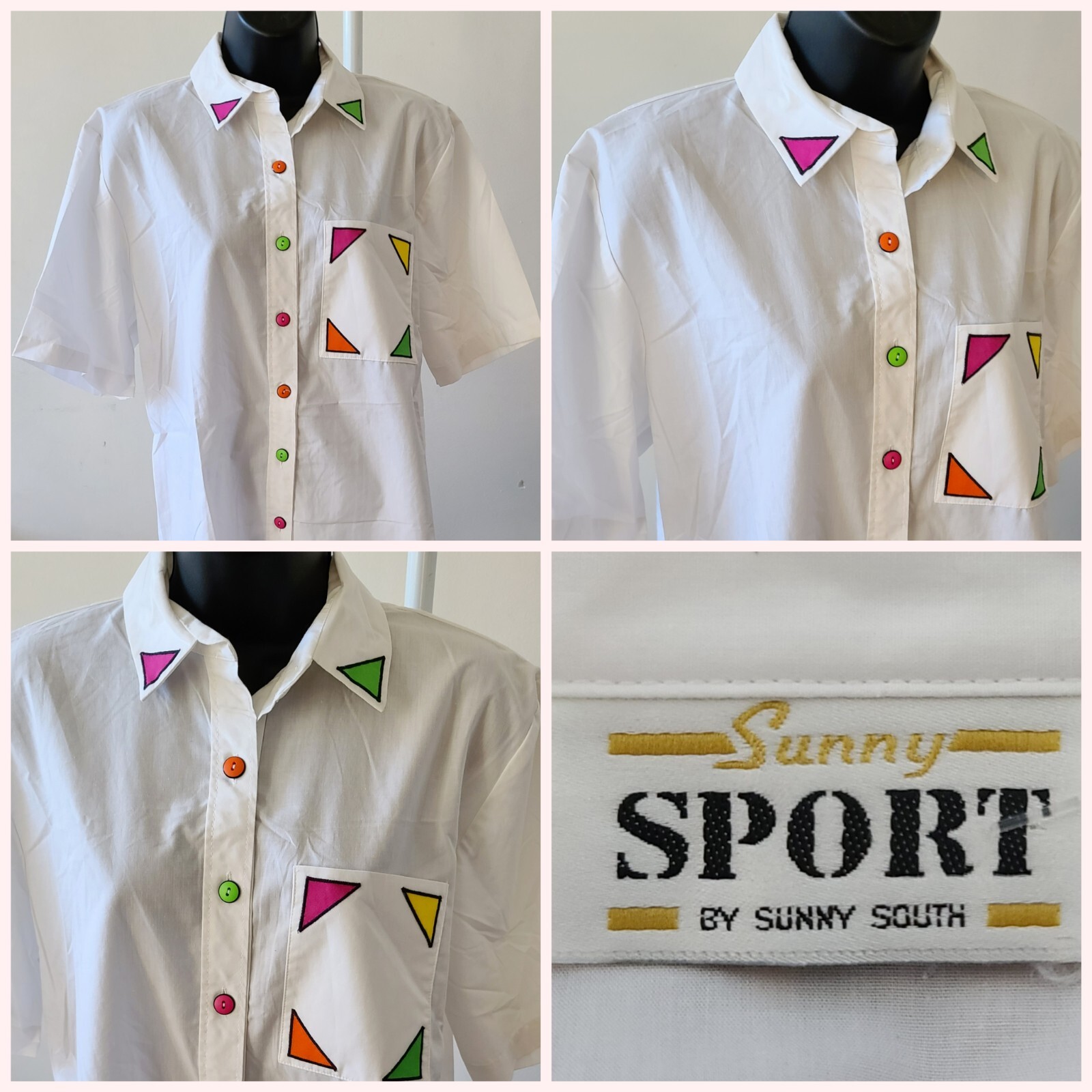 Vtg 1980s Sunny Sport White Blouse Top Women’s Size Large Button Up Shirt ~ NWOT