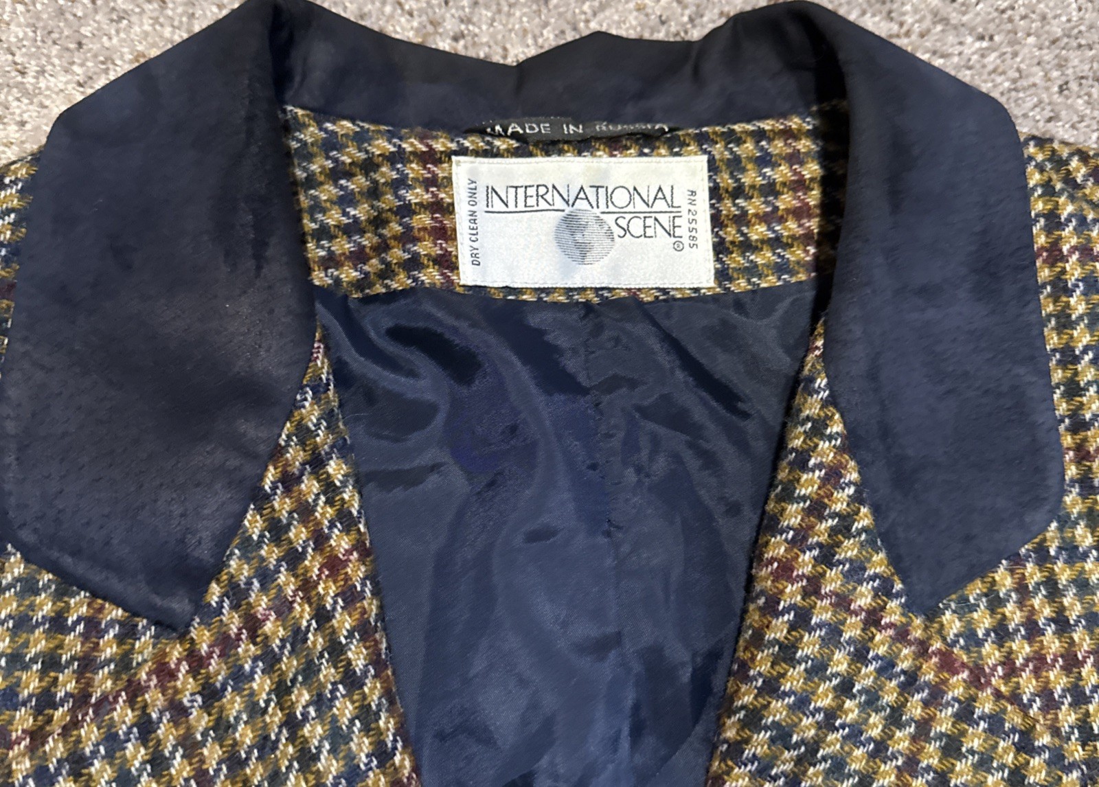Vtg International Scene Wool Blazer Houndstooth Suede Collar Womens 10 Russia