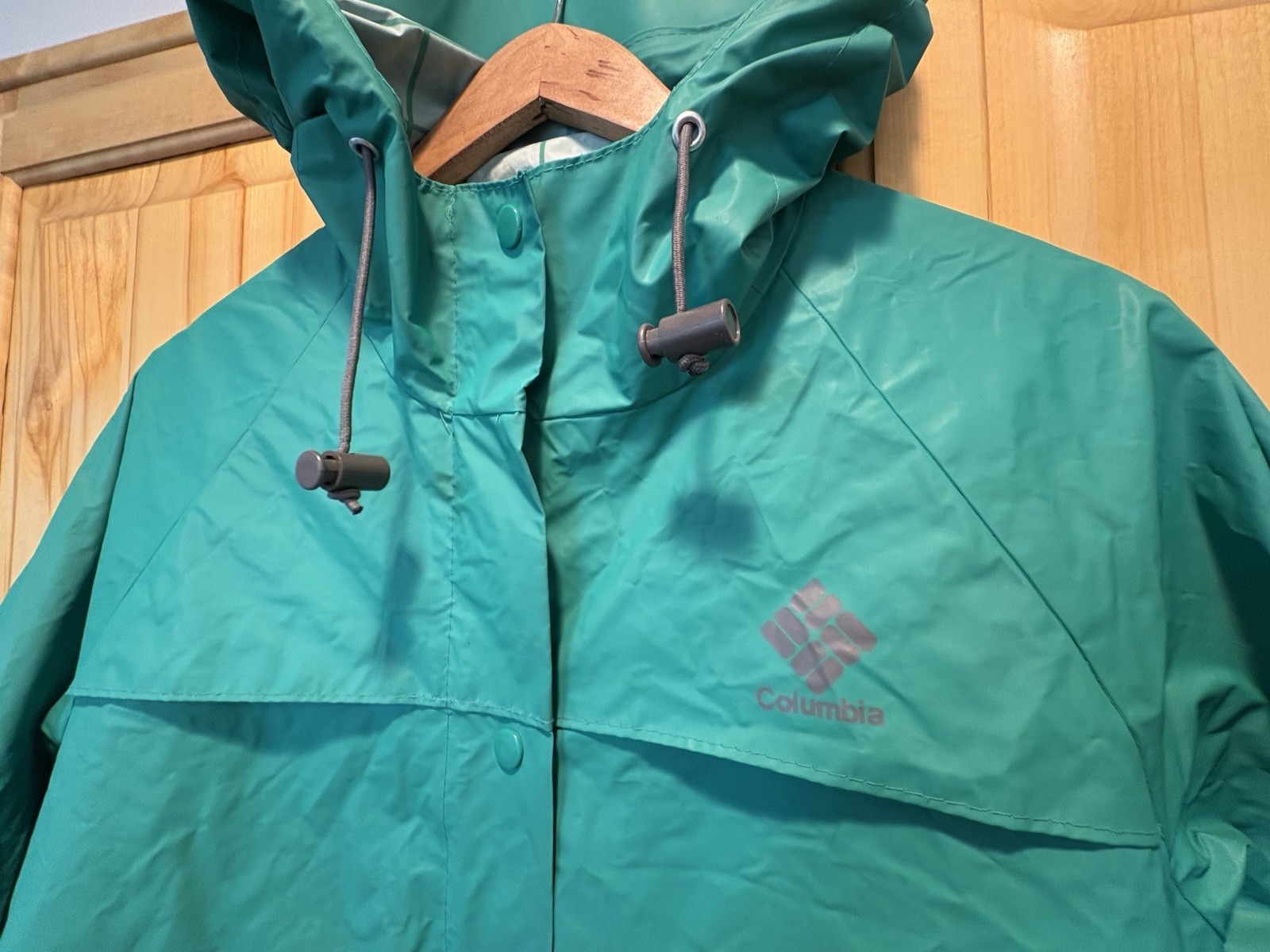 Women’s vintage Columbia Waterproof Hooded Rain Coat Teal S Mid-Length Zip/Snap