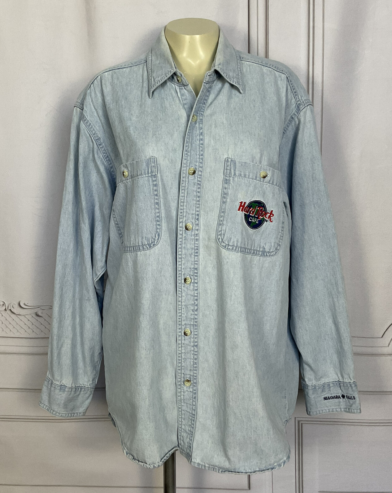 Vintage 90s Hard Rock Cafe Niagara Falls Button Down Long Sleeve Denim Shirt Sm