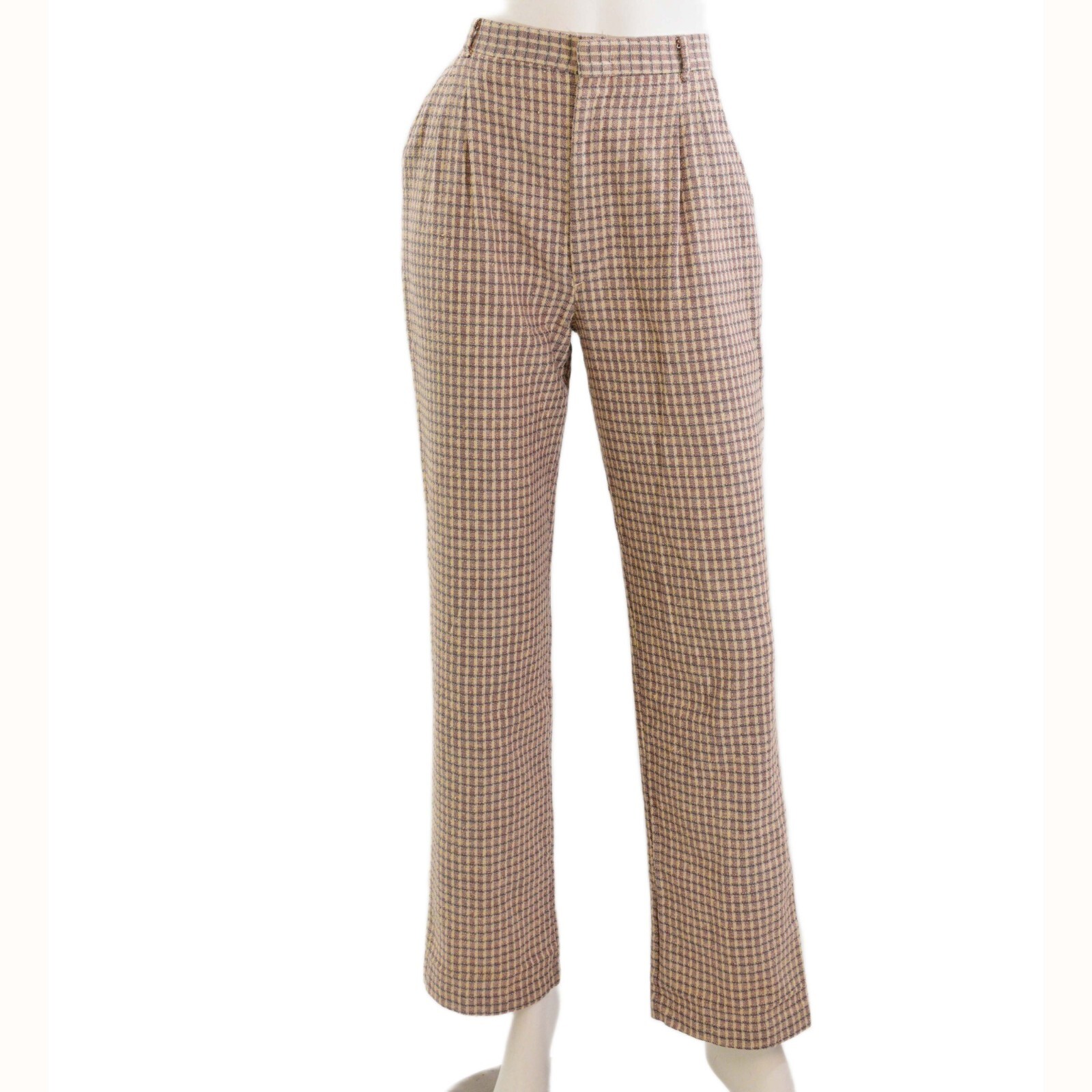 80s Vtg Sabene Woven Plaid High Waist Pants Mauve Beige Textured Knit Straight