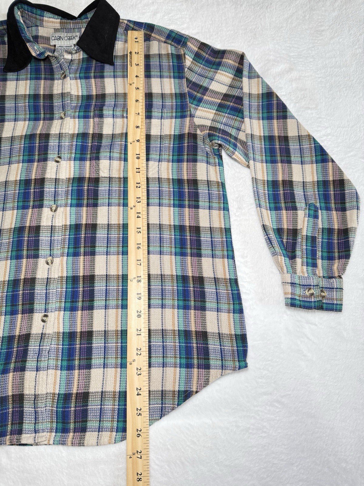 Vintage 90s Cabin Creek Plaid Button Up Shirt Black Contrast Collar Women Size L