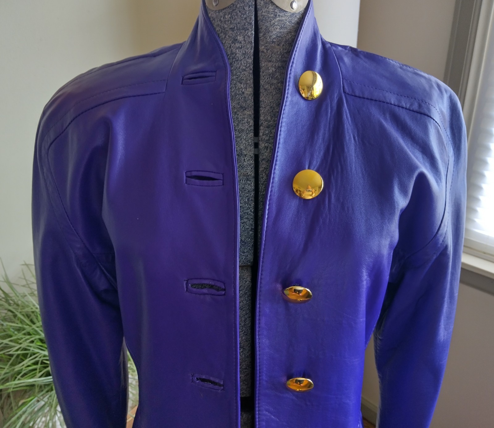 1980s Purple Leather Coat Jacket Made in Italy Size 6 Gold Buttons Prince Style