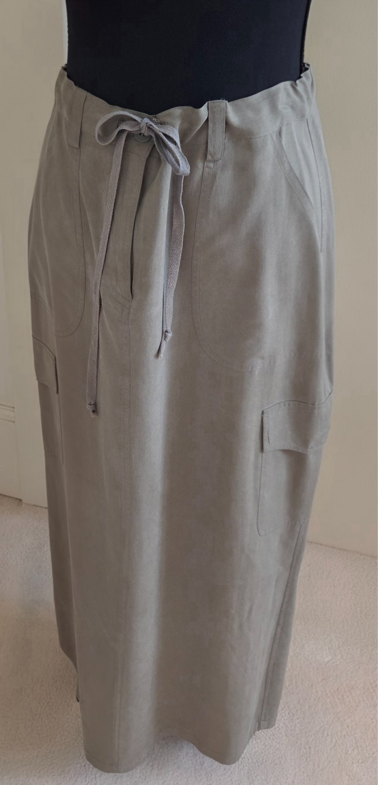 Vintage Carole Little Maxi Khaki Green Silk Cargo Skirt with adjustable waist