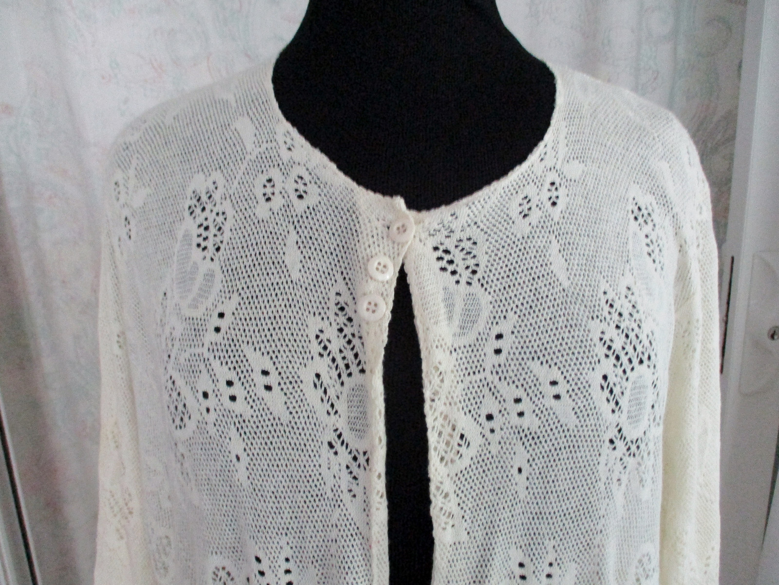 VTG Lace MED Crocheted Open Front Jacket Light Coverup w/ Pockets Made in France