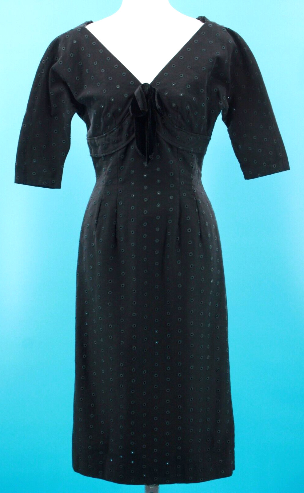 Vtg Women’s 50s Black Jerry Gilden Eyelet Sheath Dress W/ Bow XXS/XS 1950s