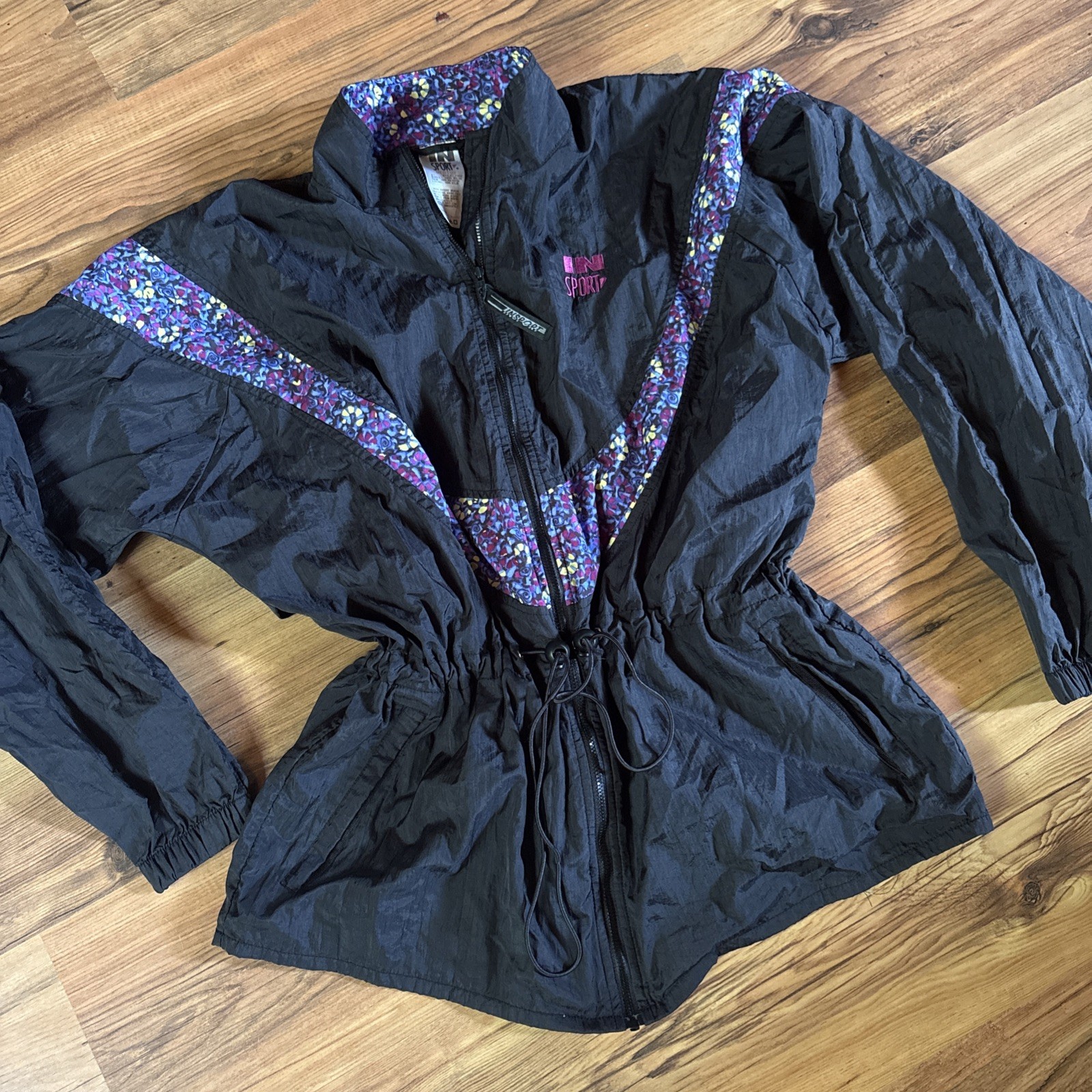 Vtg InSport 80s/90s Retro Windbreaker Jacket Zipup M Floral Black Activewear