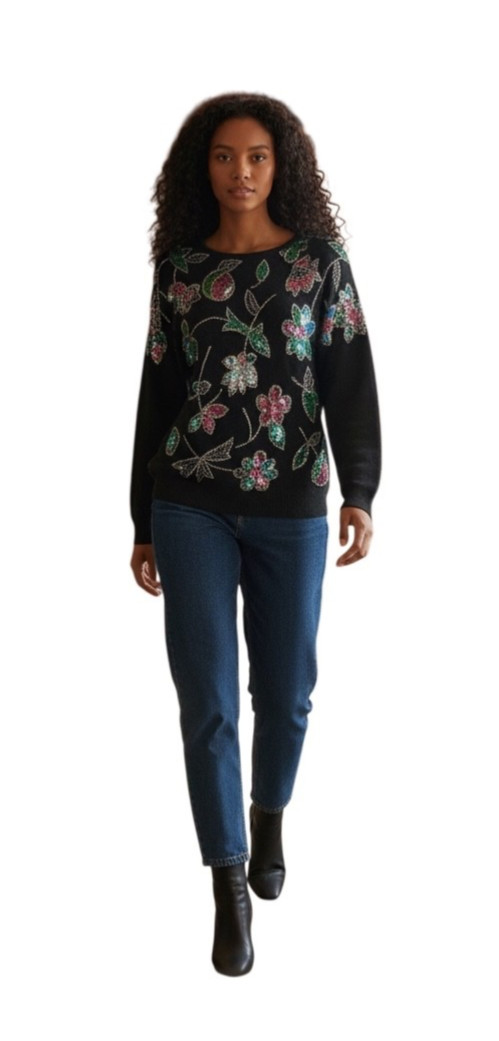 90s Vintage Gladys Bagley Womens Small Floral Sequin Beaded Holiday Knit Sweater